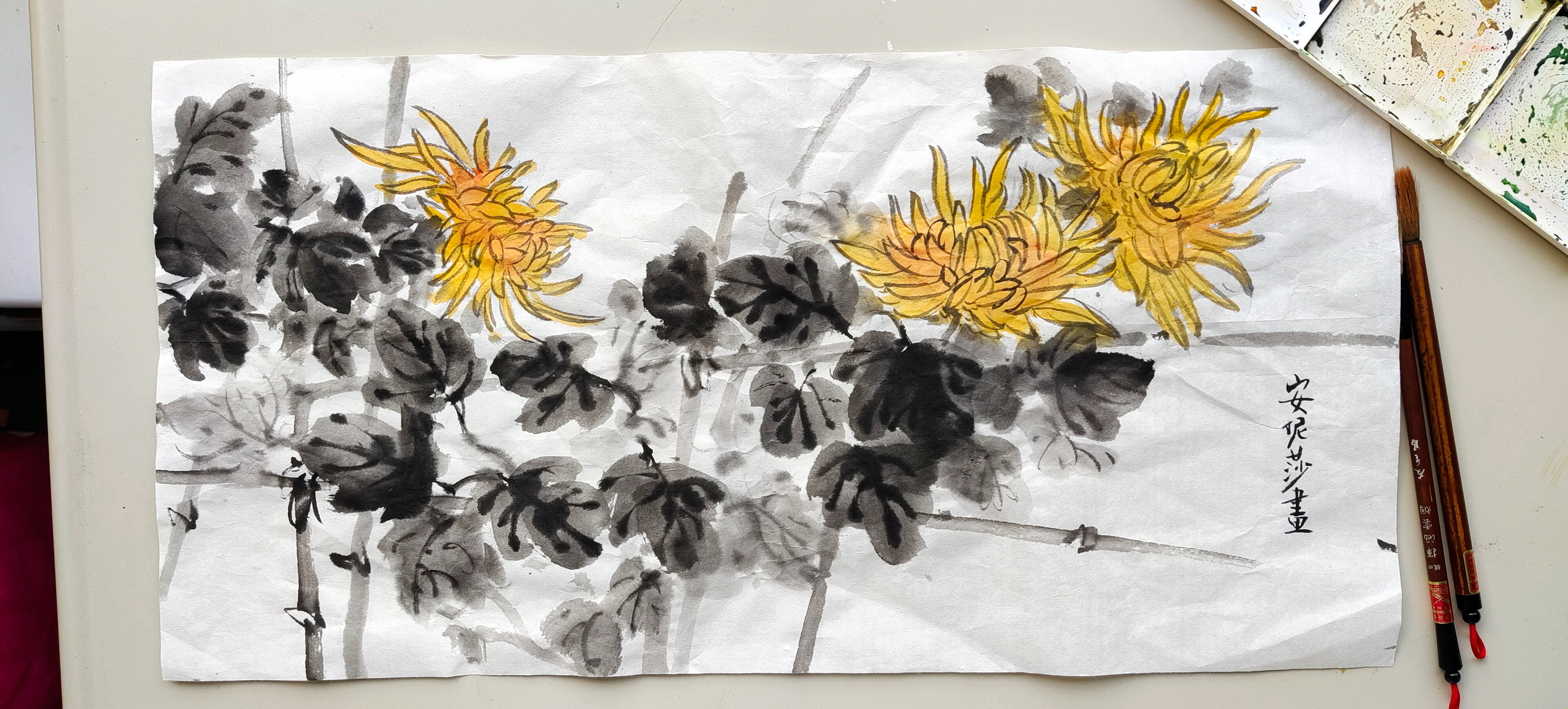 Chinese Watercolor Flowers and leafs