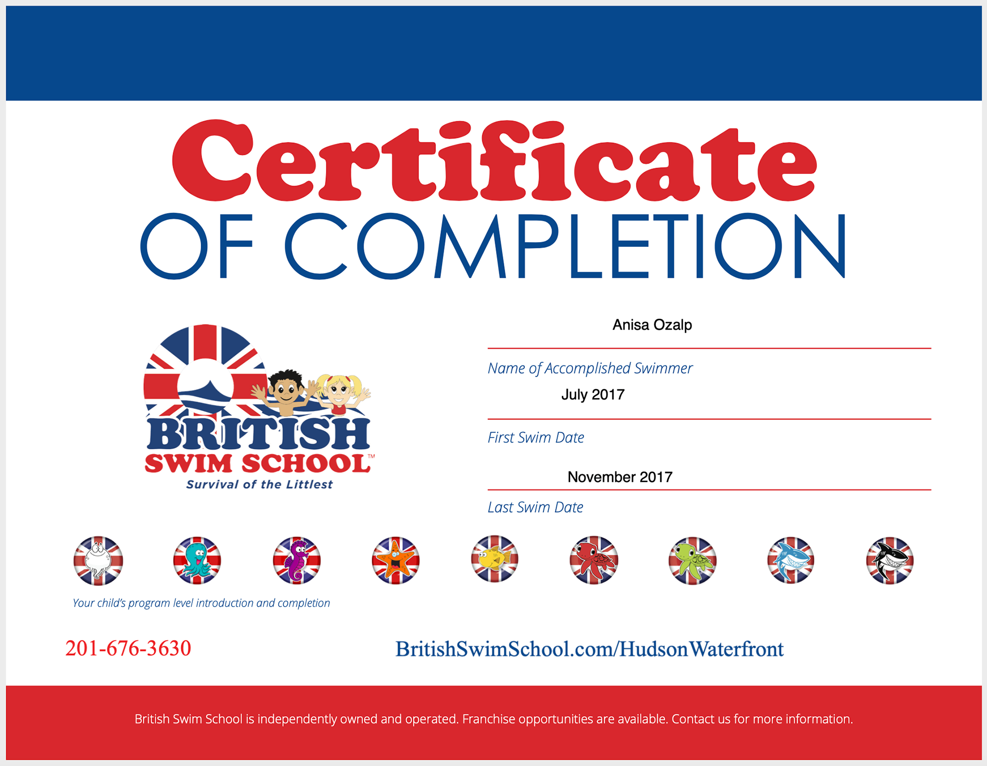 British Swimming School Certificate