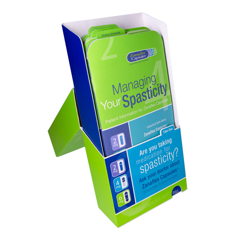 Self standing box with brochures, open
