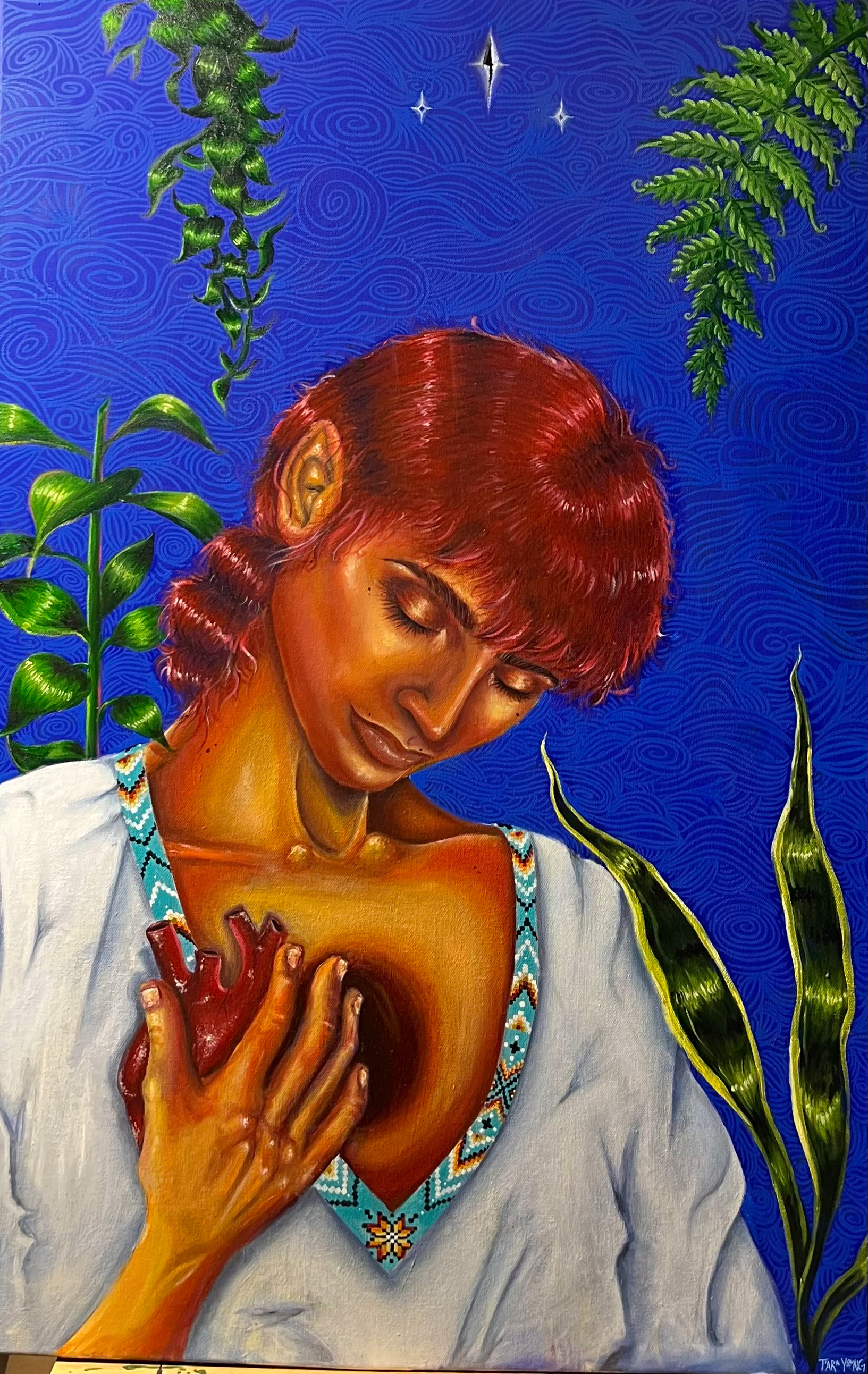 This piece is called "Serenity". It was finished In January of 2024. It is an 18"x32" acrylic and oil painting on canvas.