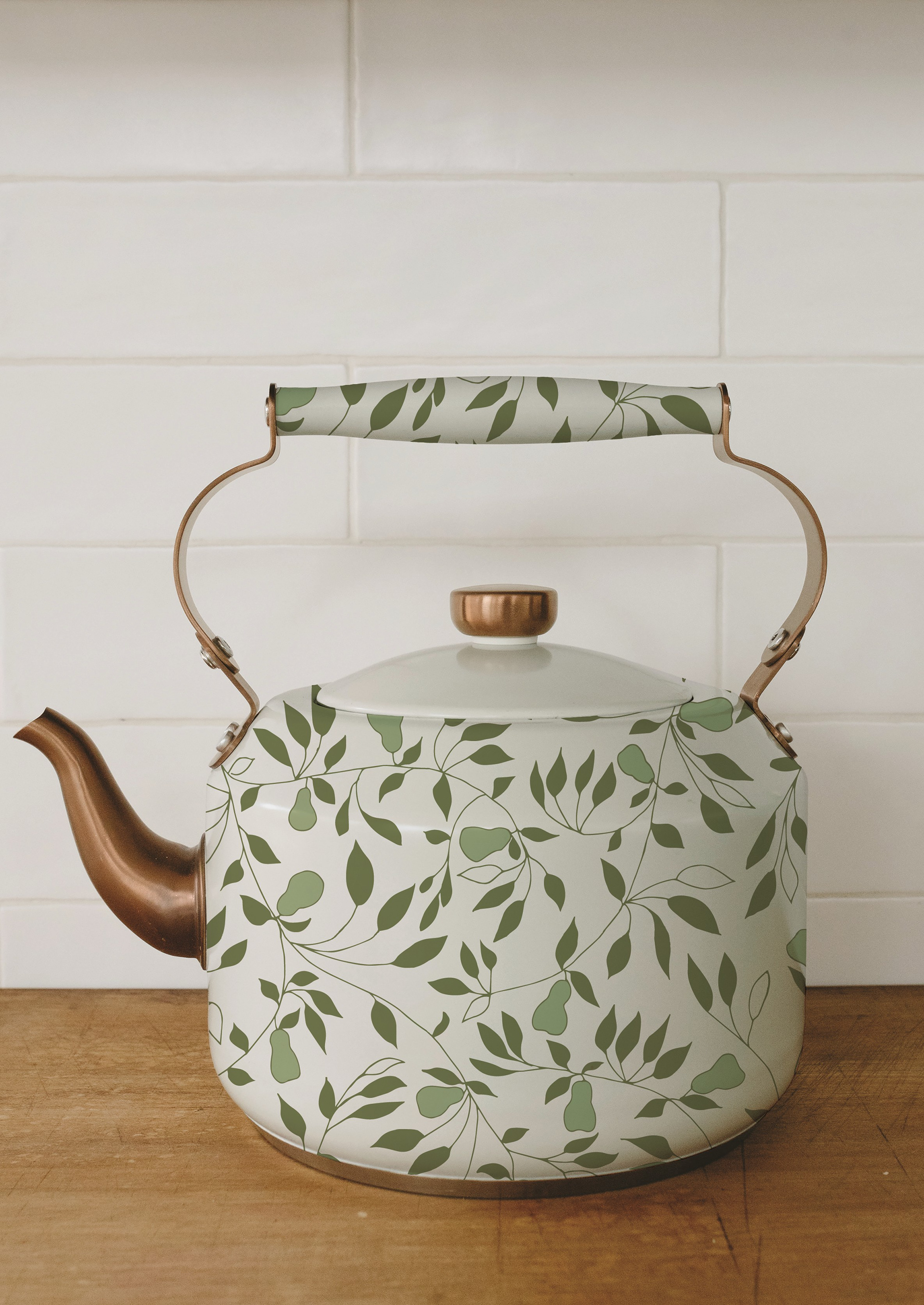 apot featuring my Pear Harvest pattern in Moonlit White, from the Twilight Magic colourway in The Healing Garden collection, available for licensing on an actual teapot, or coffee mug.........