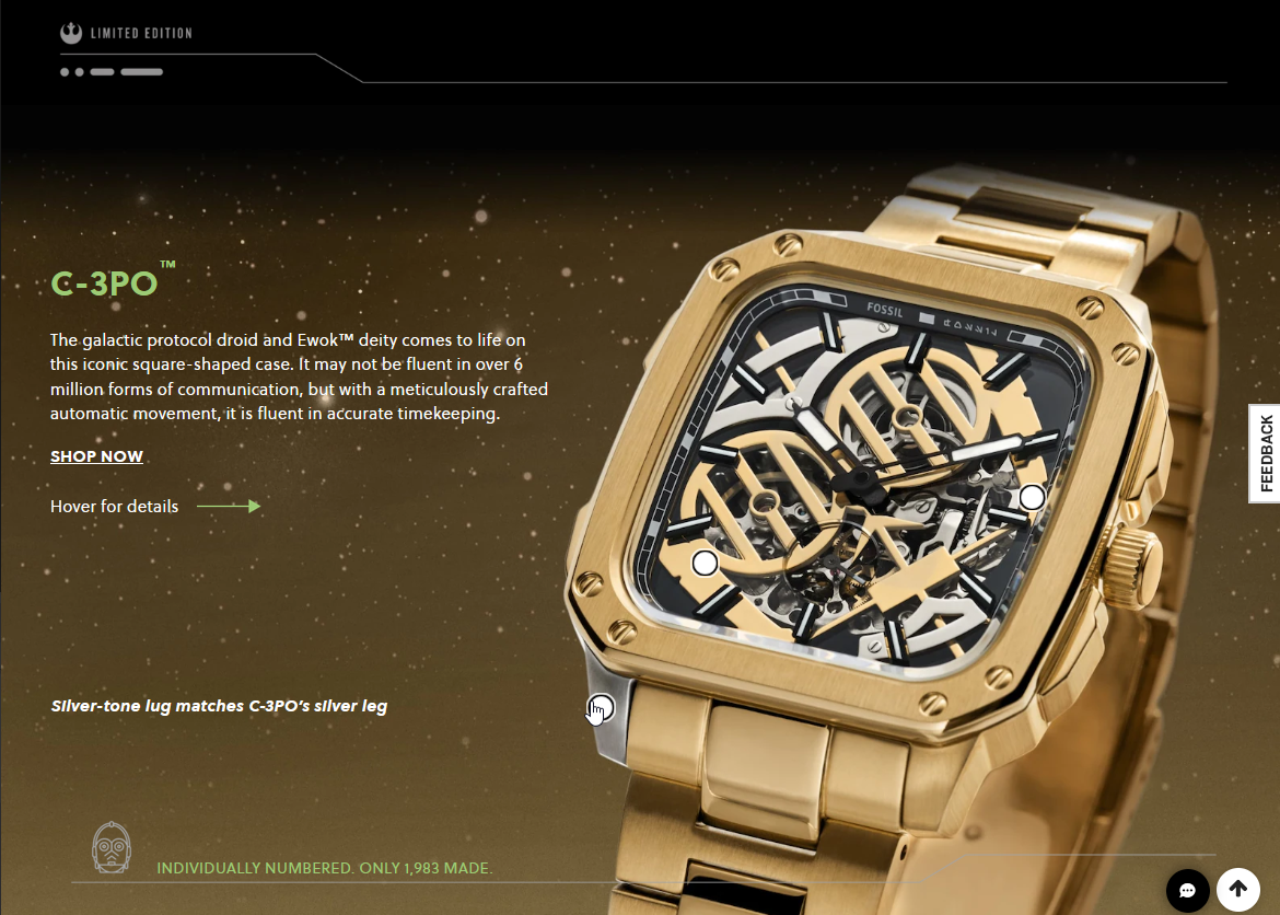 Each watch has a hero banner with a mouseover structure to select particular features of each watch.