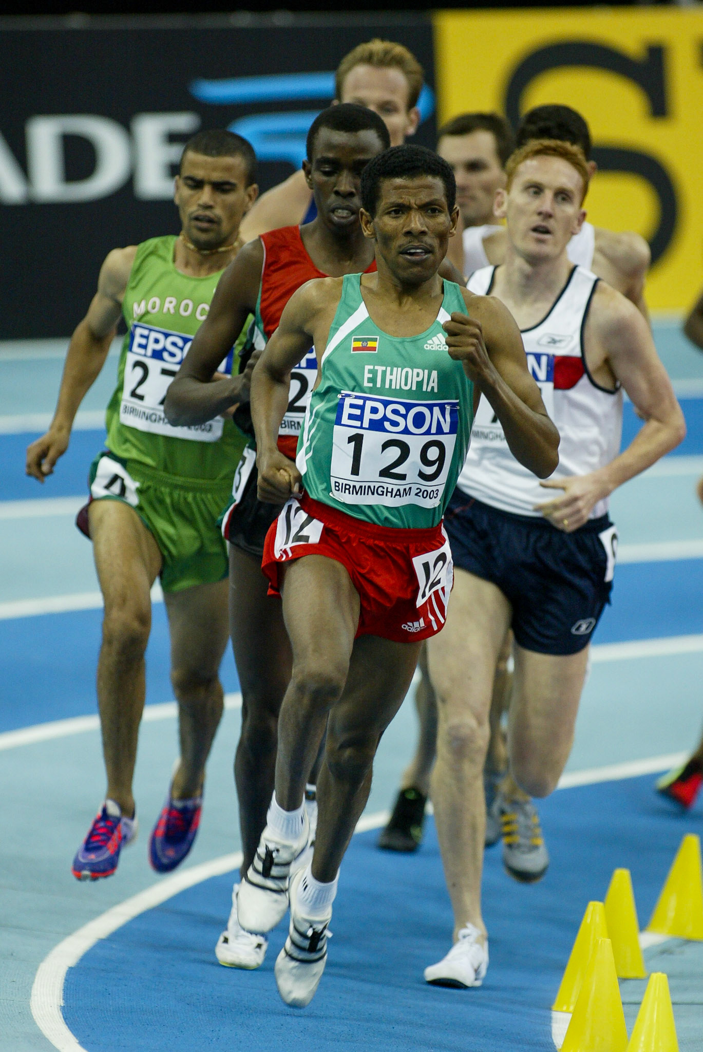 Haile Gebrselassie won 3000 meter at the World Indoor Championship in Birmingham 2003.