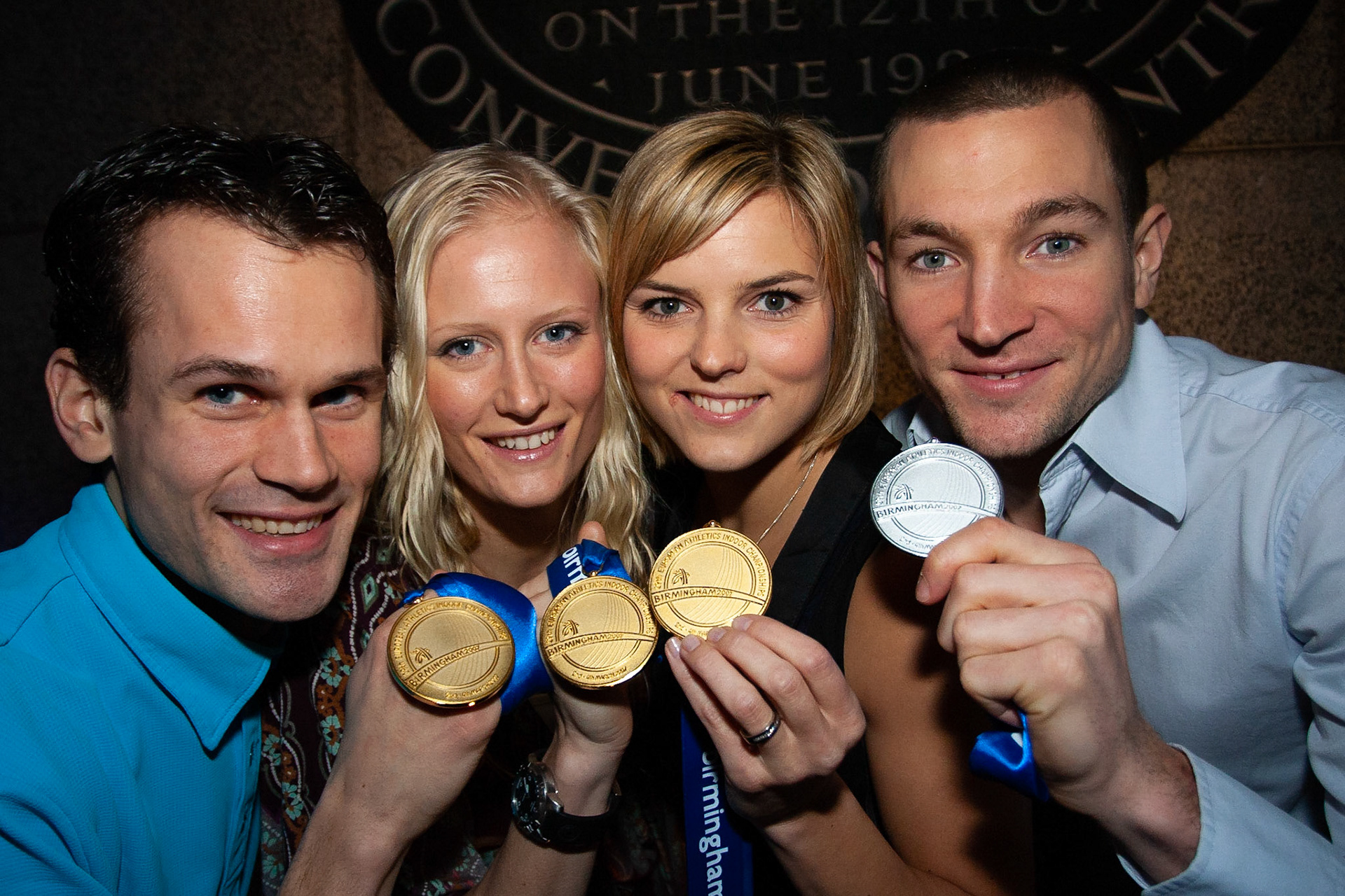 Four Swedish medallists with Stefan Holm gold in high jump, Carolina Klüft gold in pentathlon, Susanna Kallur gold in 60 meter hurdle, and Linus Thörnblad silver in high jump at the European Indoor Champion in Birmingham 2007.