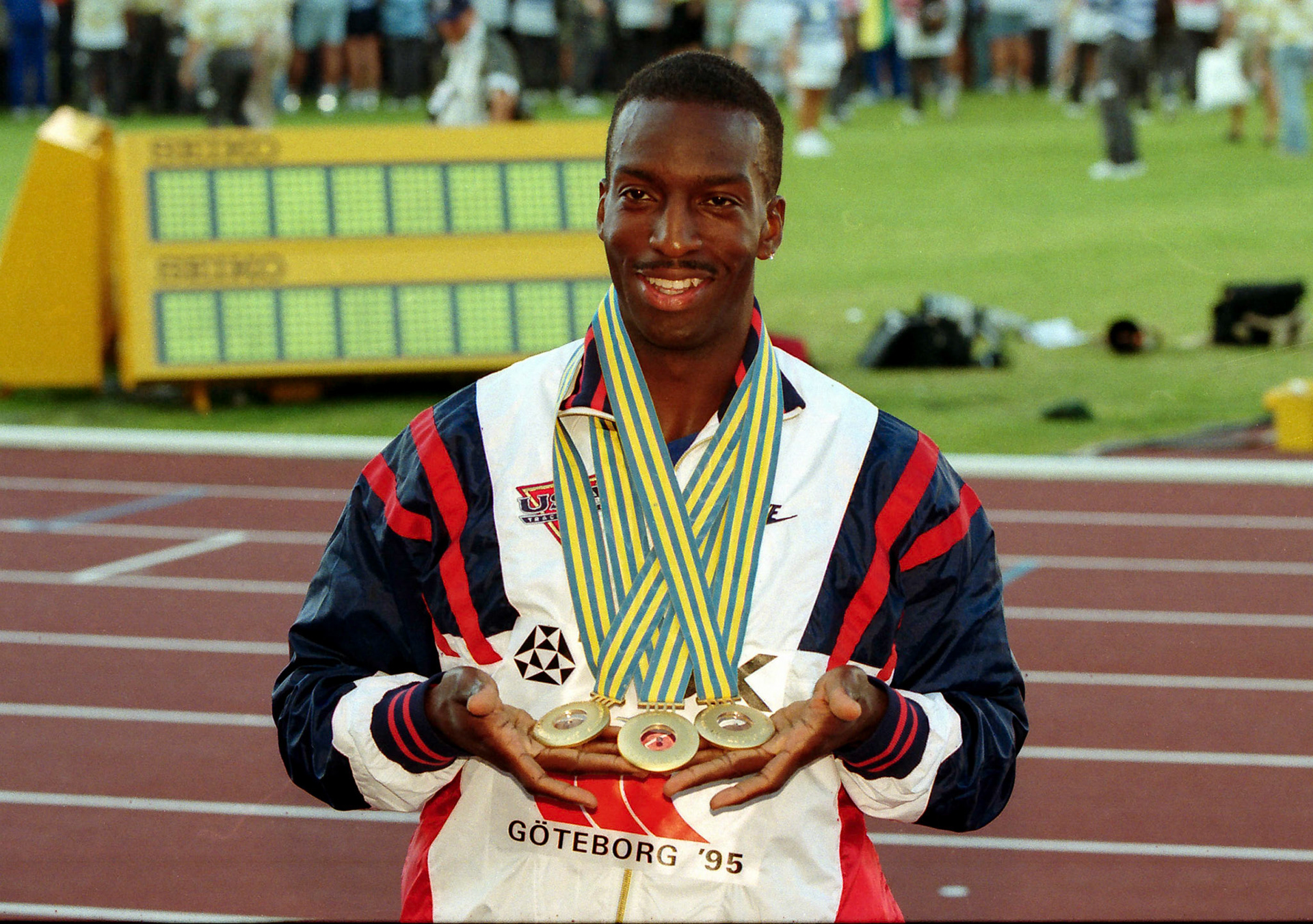Michael Johnson took three gold at the World Championship in Gothenburg 1995.