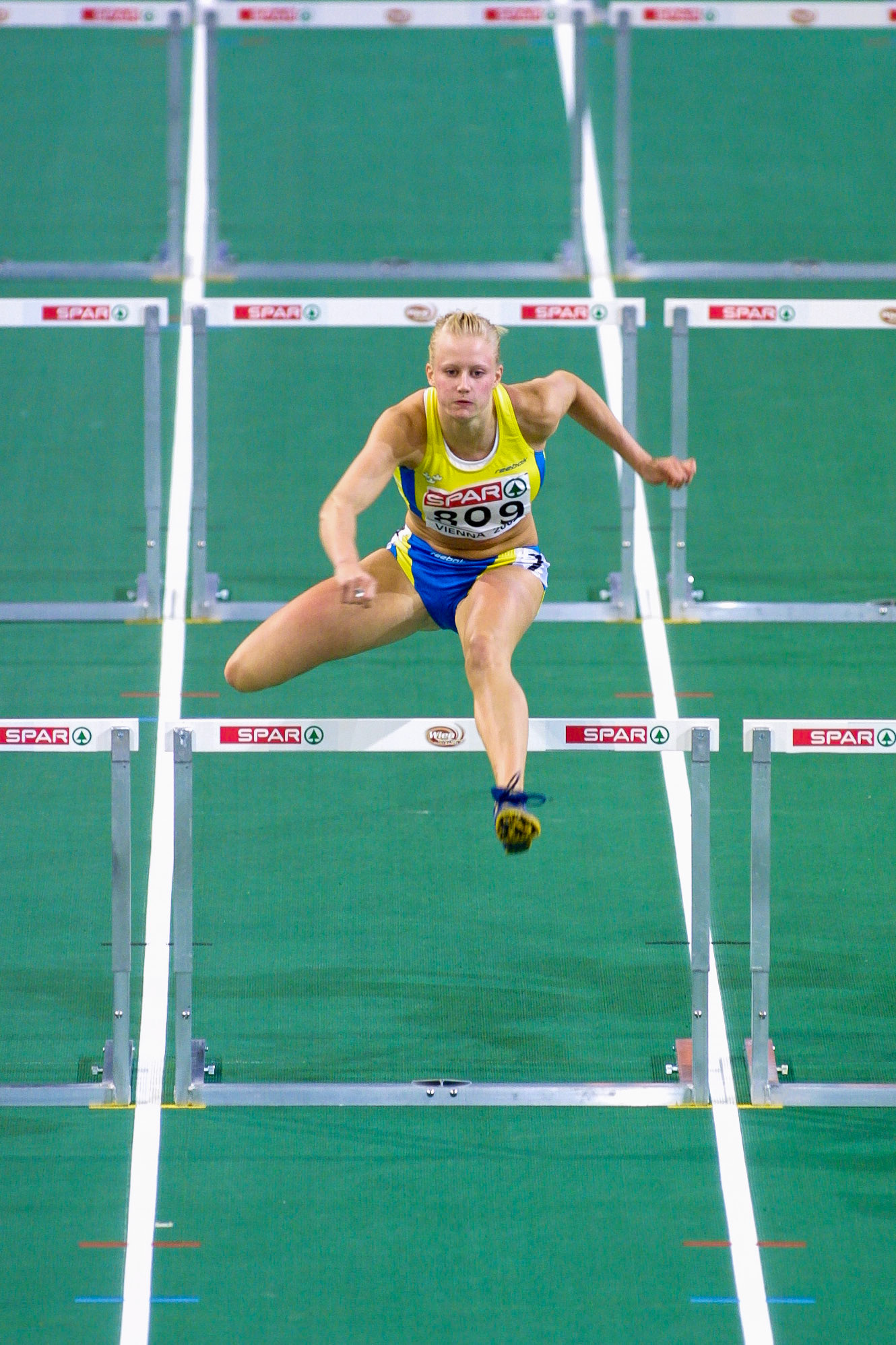 Carolina Klüft in the heptathlon 60 meter hurdle at European Indoor Championship in Vienna 2002
