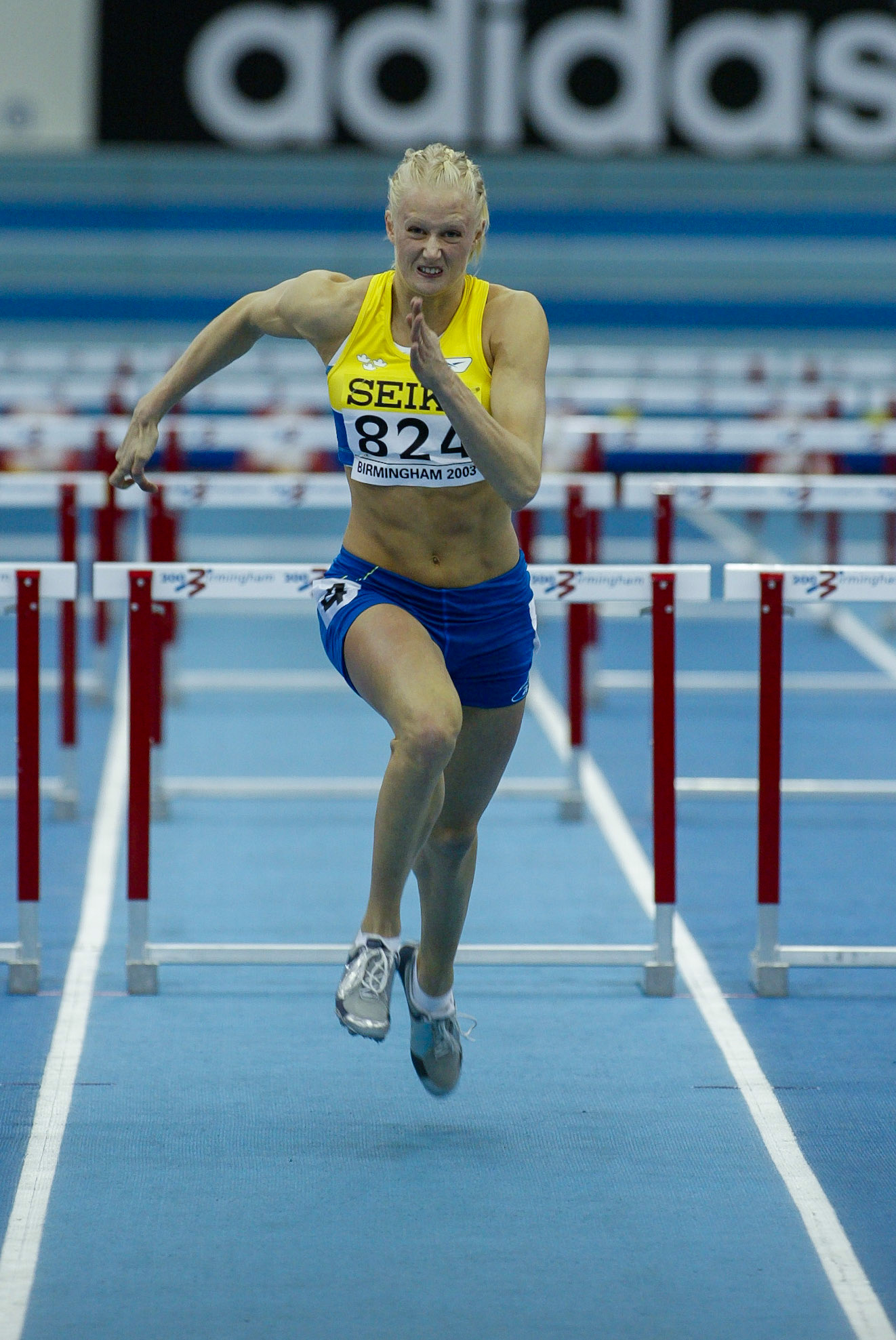 Carolina Klüft in pentathlon 60 meter hurdle at the World Indoor Championship in Birmingham 2003.