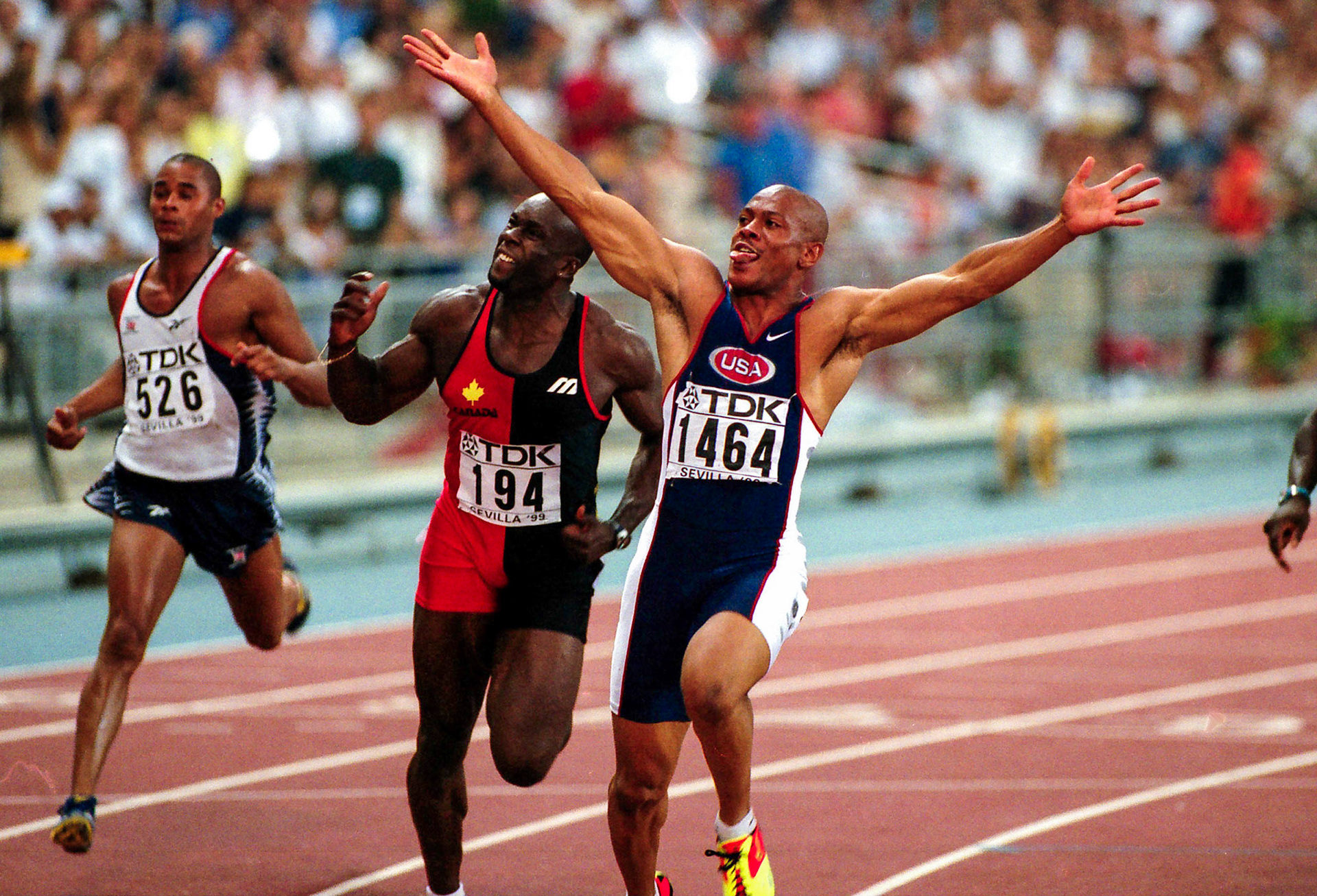 Maurice Greene won 100 meter in 9.80 just one hundreth over the world record at the World Championship in Seville 1999