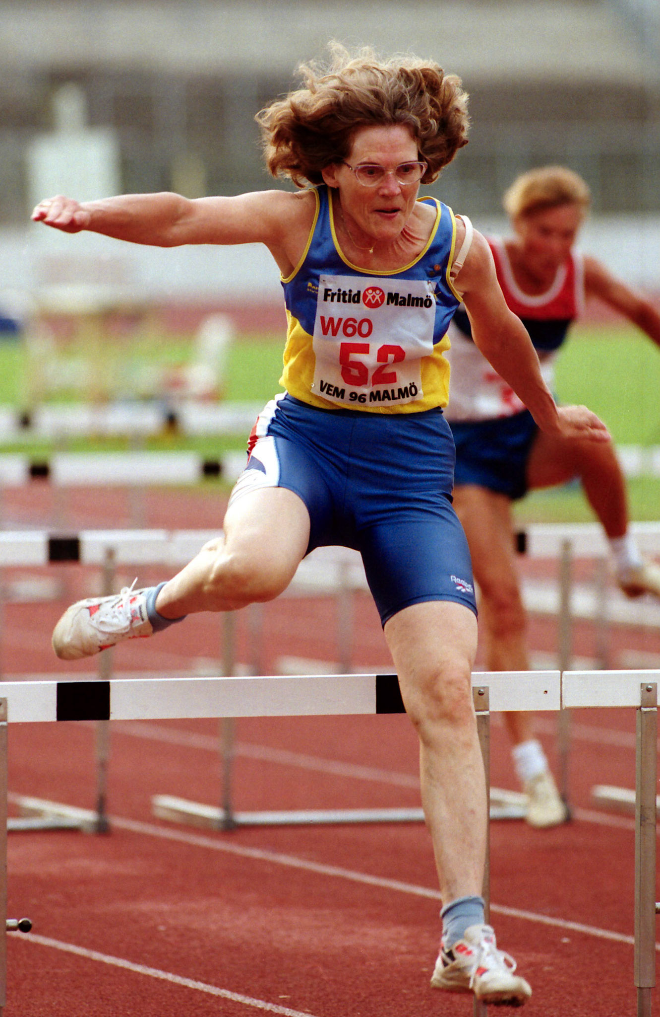 Asta Larsson running 80 meter hurdle at European Master Championship in Malmö 1996.