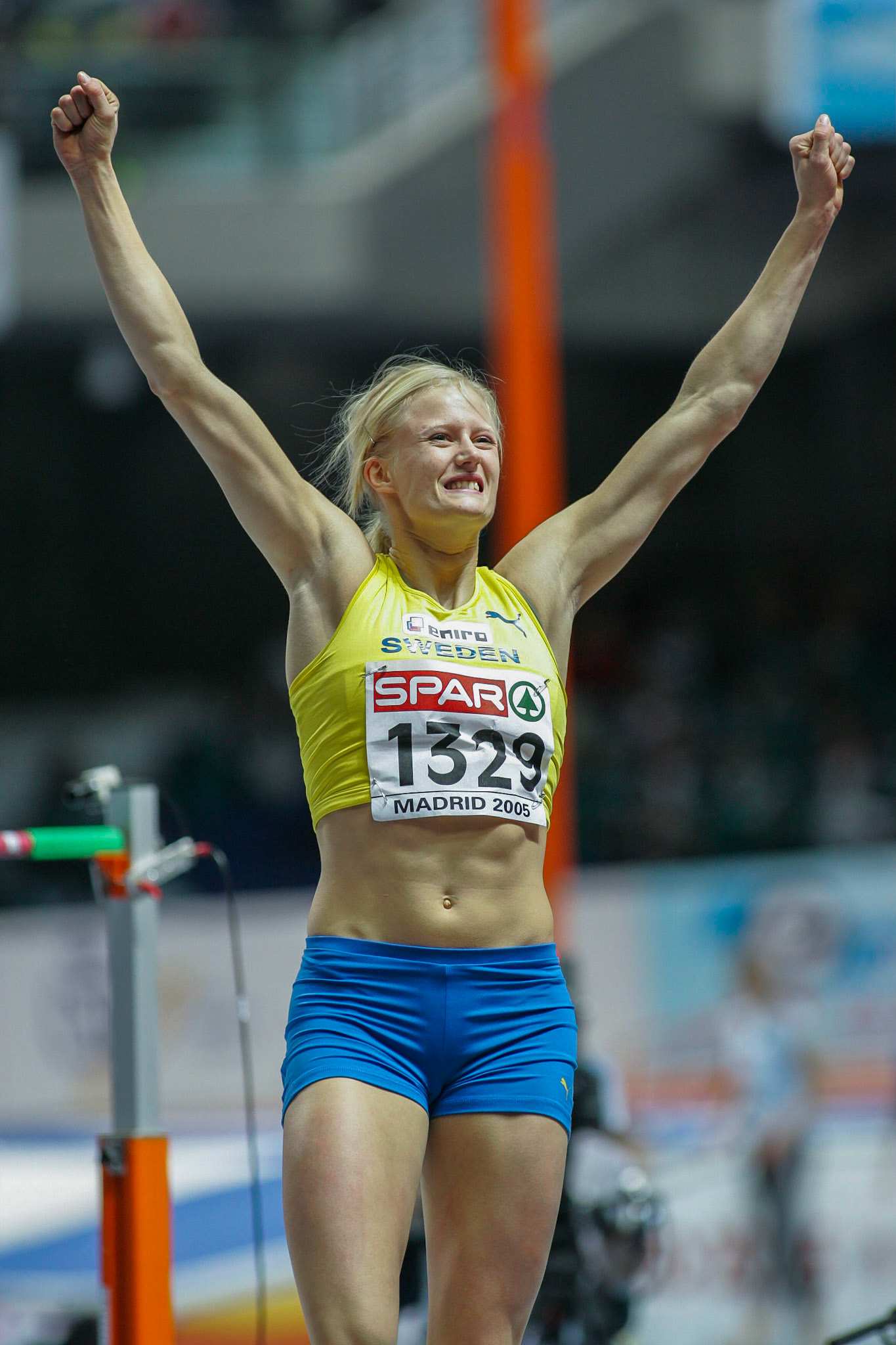 Carolina Klüft in the pentathlon high jump at the European Indoor Championship in Madrid 2005. She won the gold with nation record 4948 points.