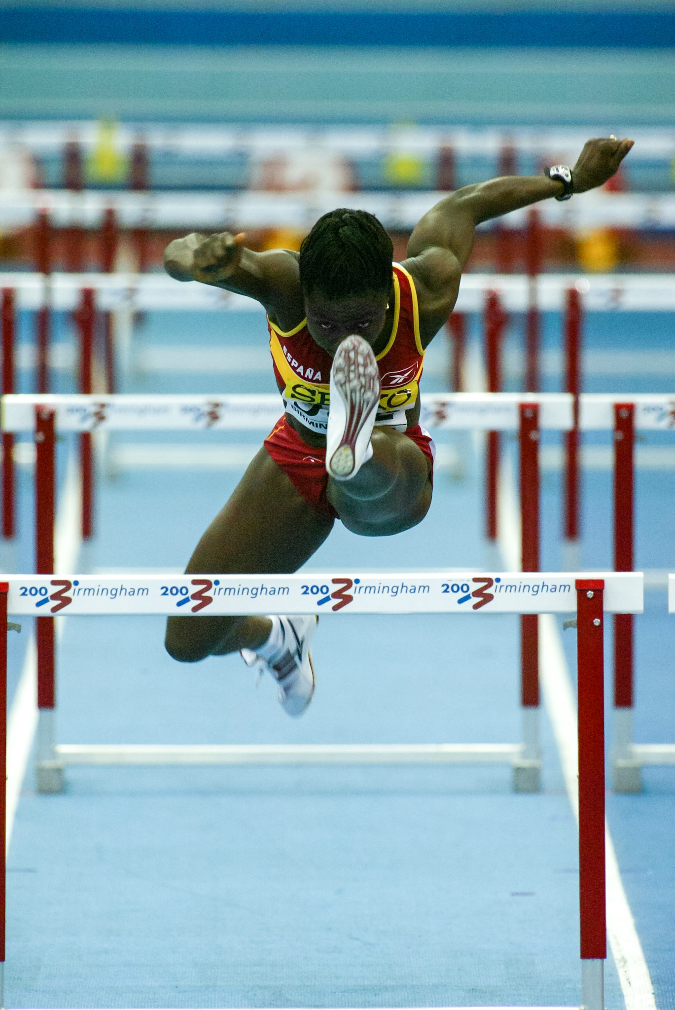 Gloria Alozie in 60 meter hurdle at the World Indoor Championship in Birmingham 2003.