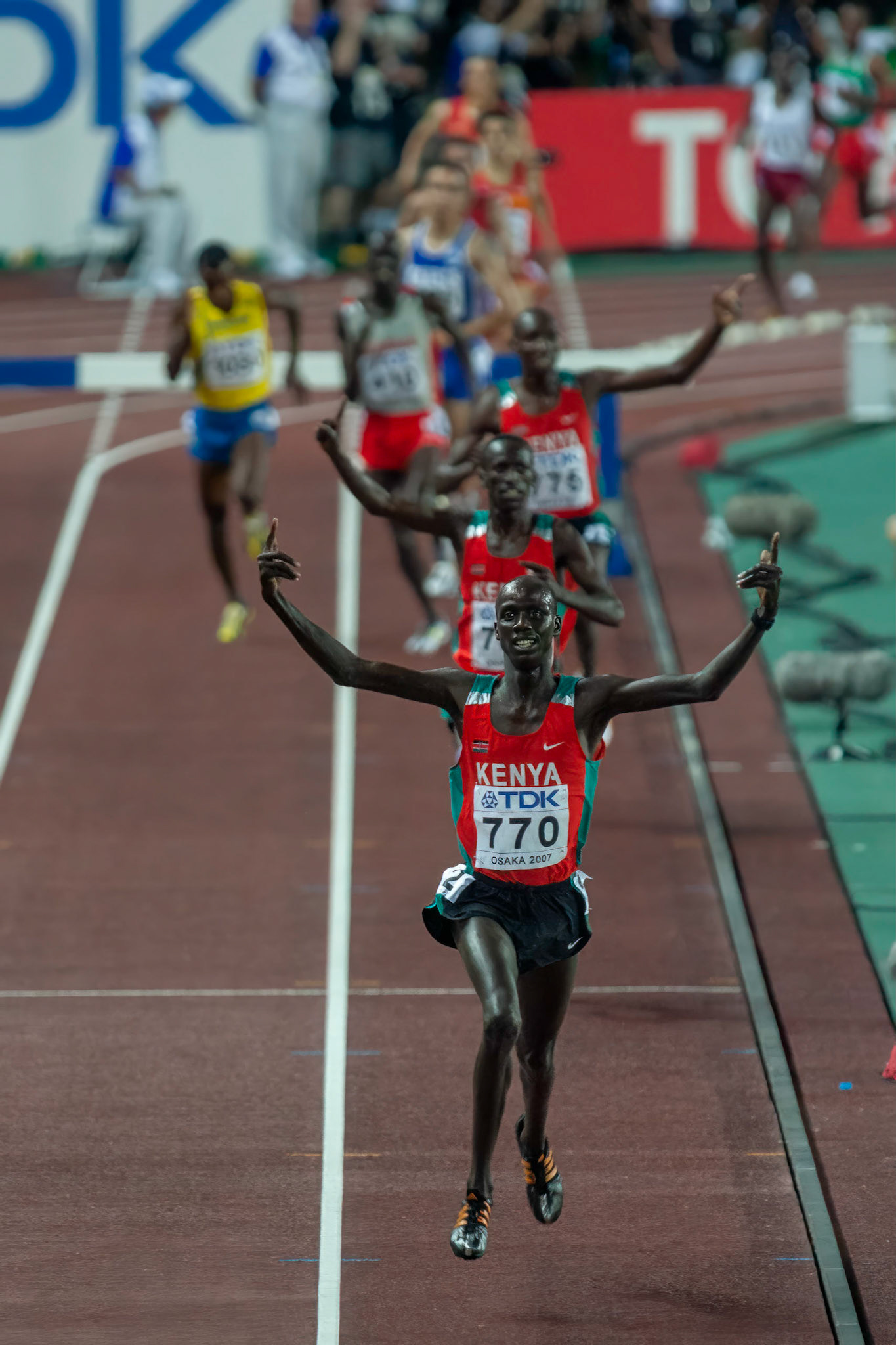 Three Kenya celebrating their medals in 3000 meter steeplechase Brimin Kipruto winning the gold at the World Championship in Osaka 2007.