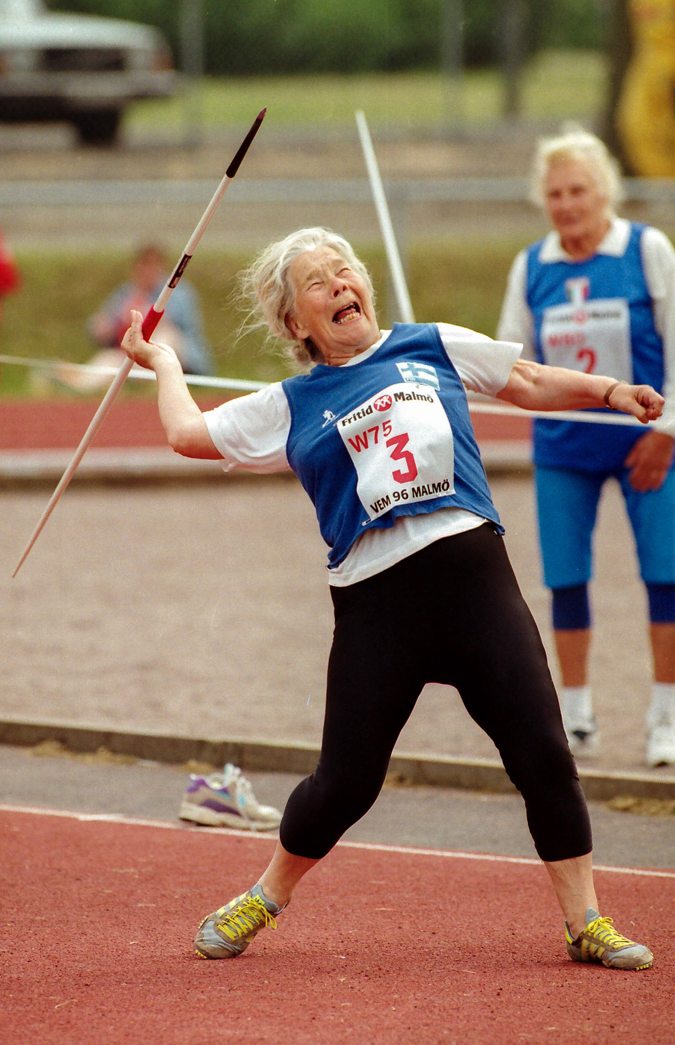 Mirjam Ronni won javelin in women 75 years or older at European Master Championship in Malmö 1996.