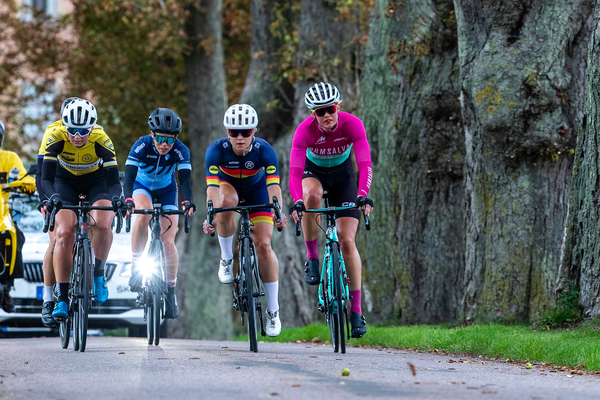 Dameliten tar sig upp i allén efter Svenstorps gods med den kommande vinnaren Clara Lundmark längst ut till vänster. Slaget vid Lund 2019.