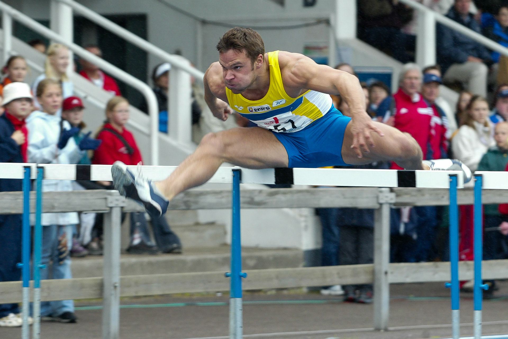 Robert Kronberg won the 110 meter hurdle at the European Cup in Lappeenranta 2003.