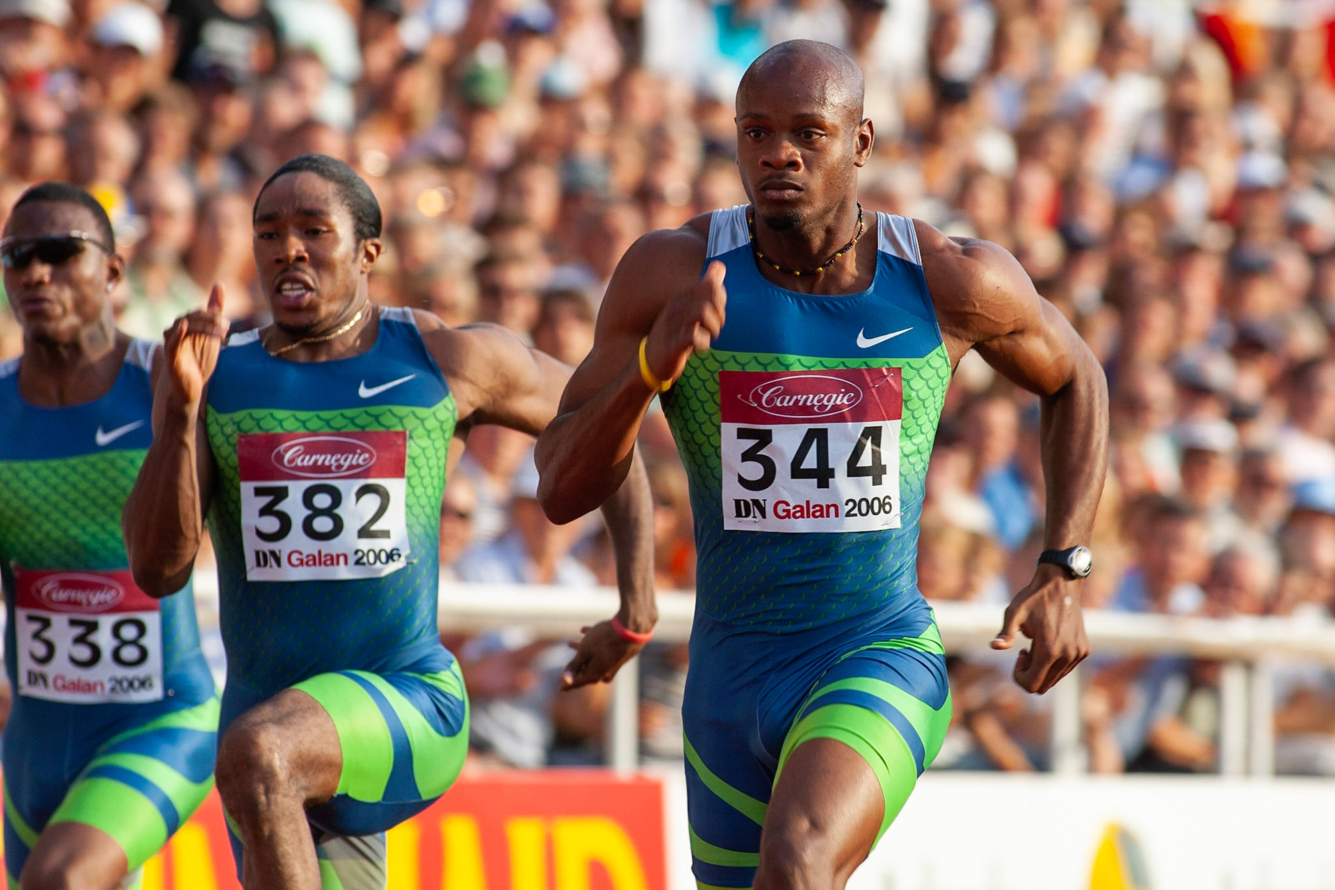 Asafa Powell won the 100 meter in 9.86 in Stockholm 2006.