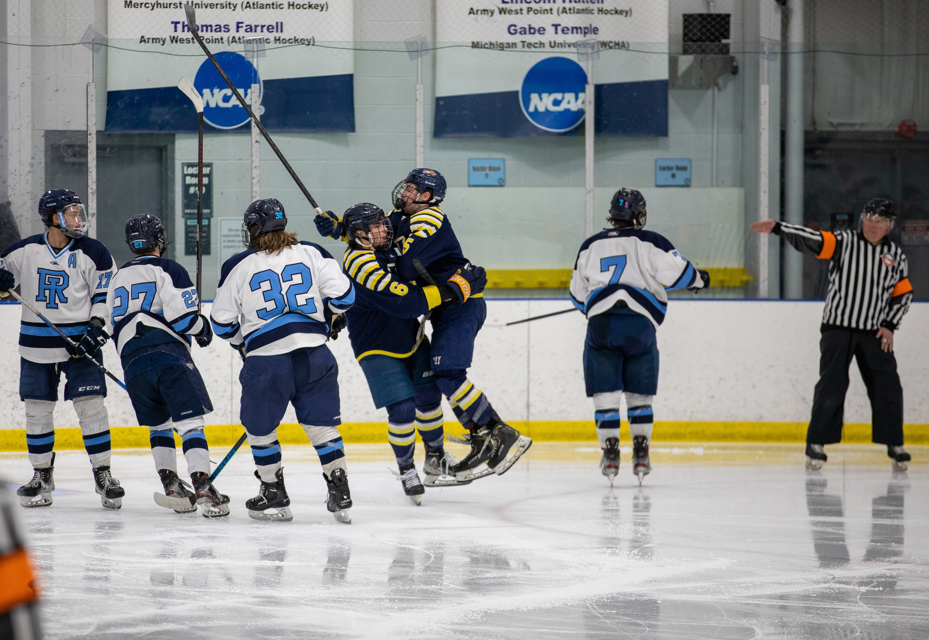 Drexel D1 Forwards #6 Matt Harris and #5 Nick Castura celebrate after #6 Matt Harris' goal on 03/04/2023.