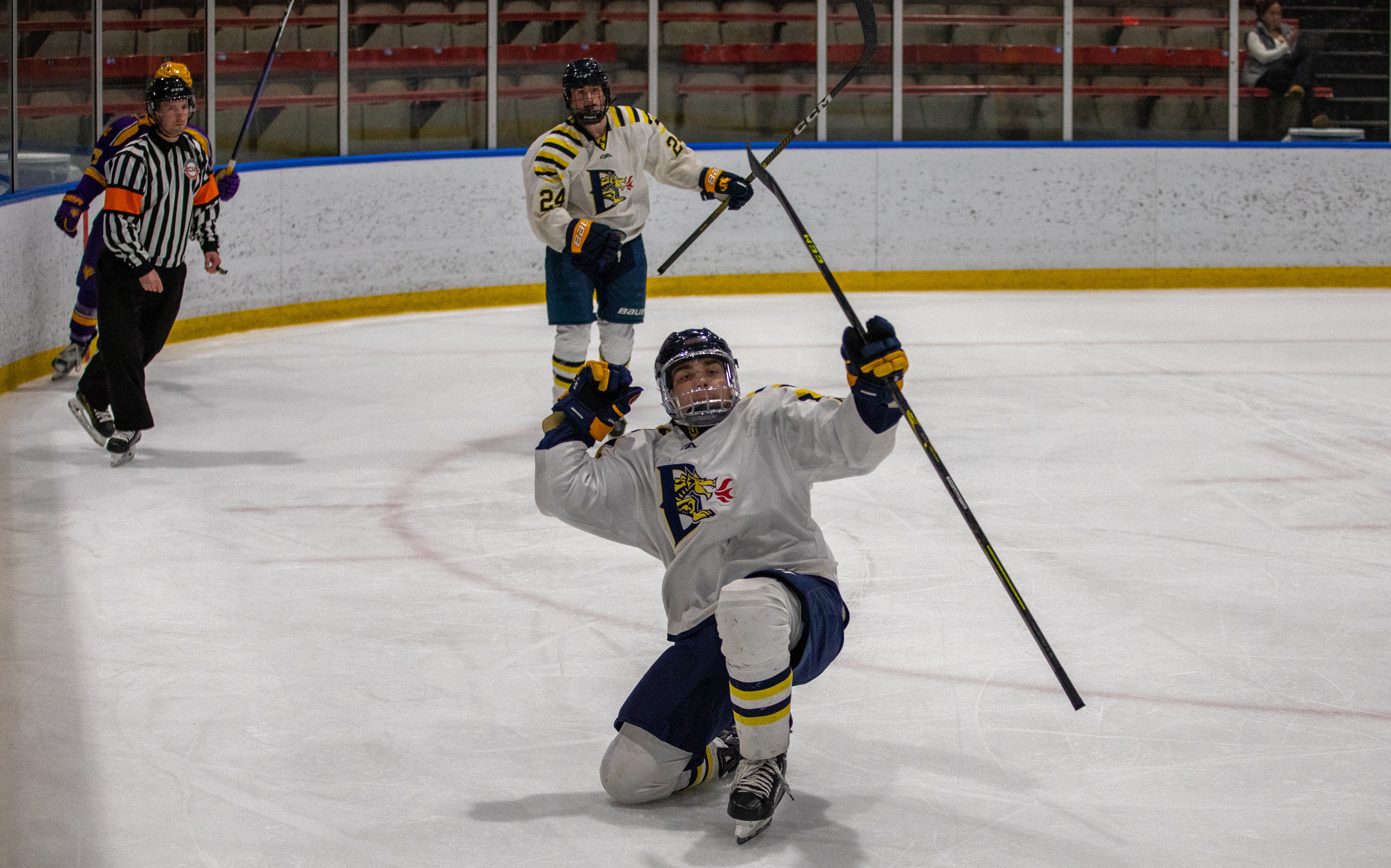 Drexel D1 Forward #20 Evan Mudrick celebrates after scoring a goal against West Chester University on 02/23/2023.