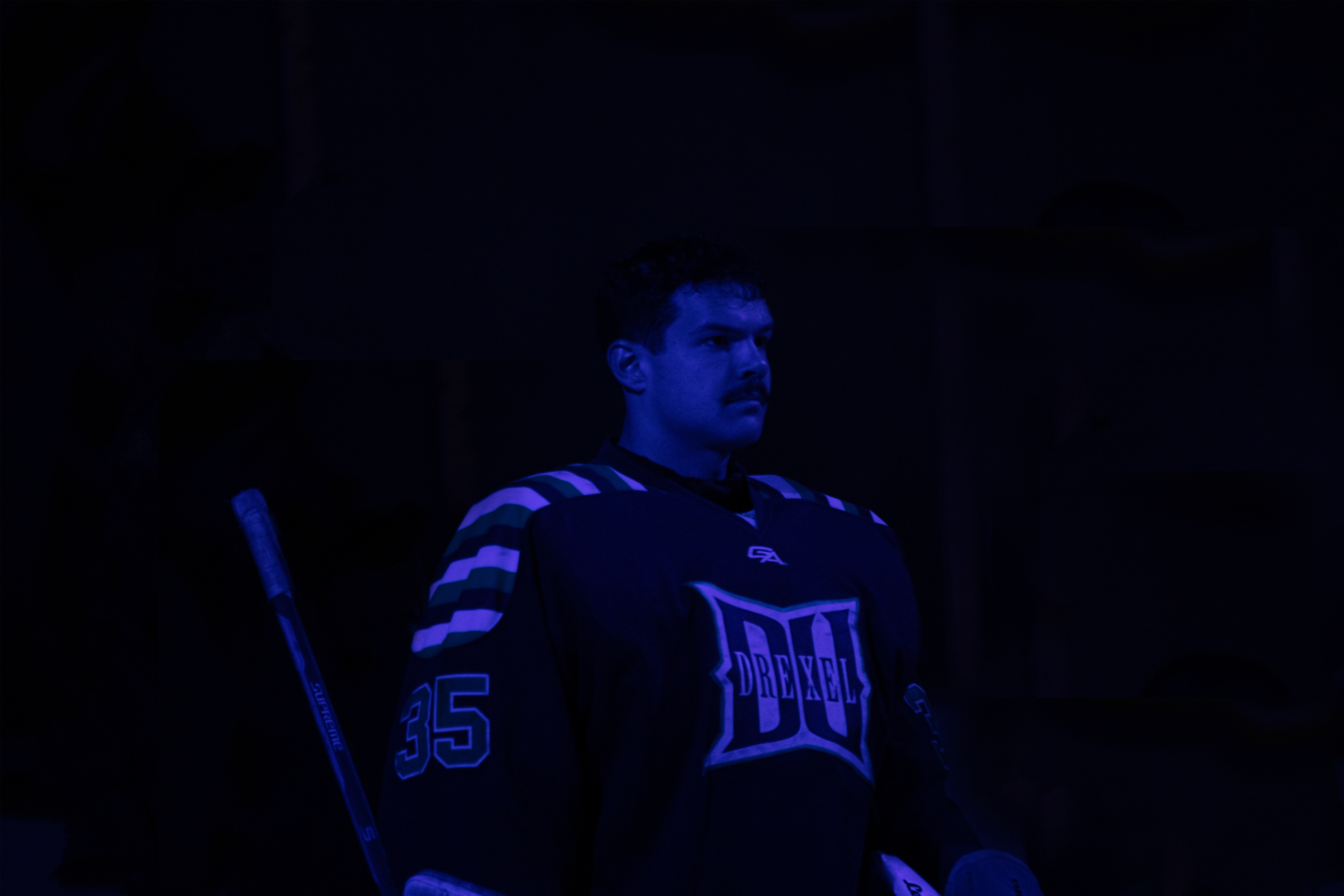 Drexel D1 Starting Goalie #35 Logan Kramsky standing during the National Anthem on 01/27/2023.