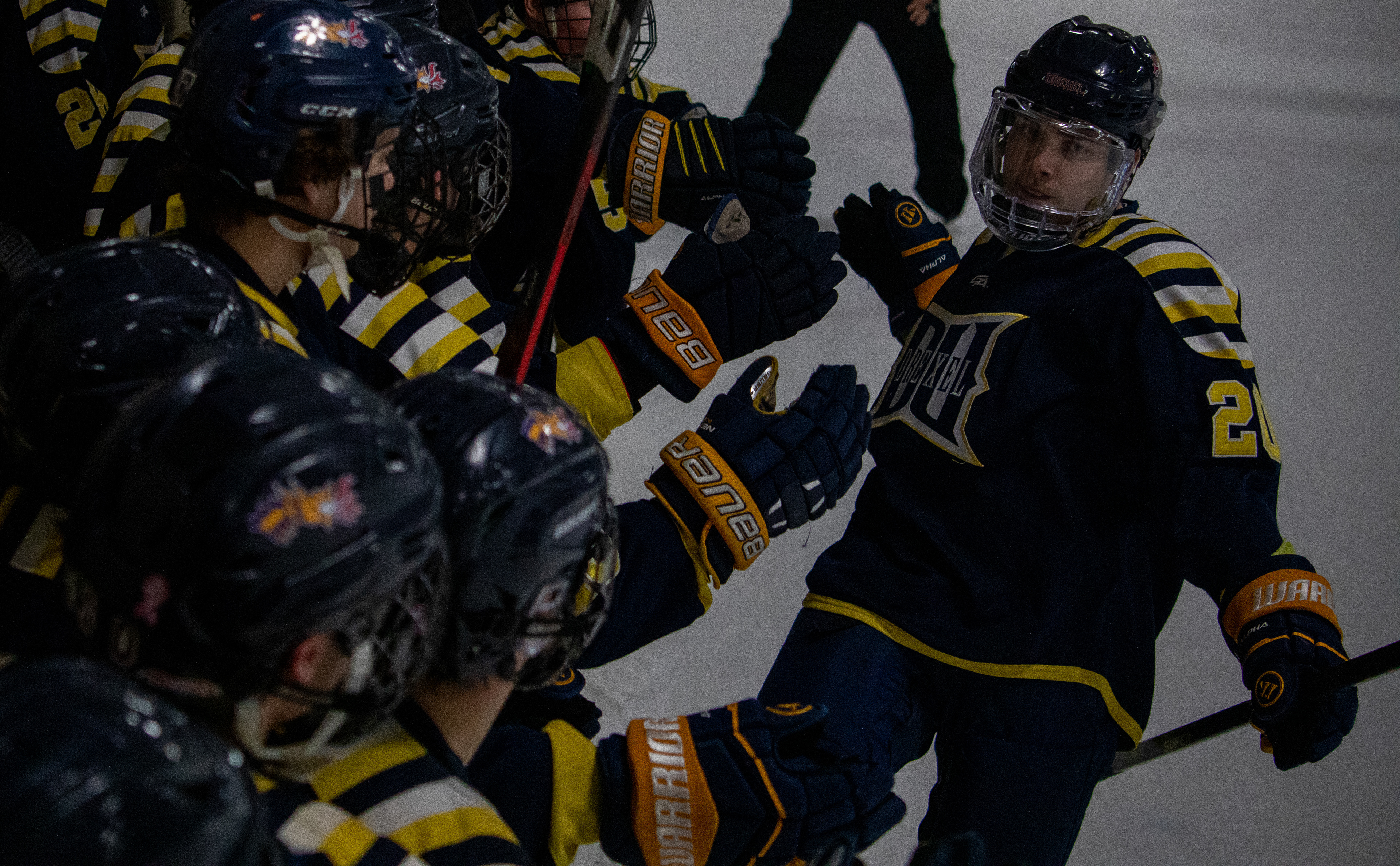 Drexel D1 Forward #20 Evan Mudrick celebrates after scoring the game-winning shootout goal against Stony Brook University on 02/04/2023.