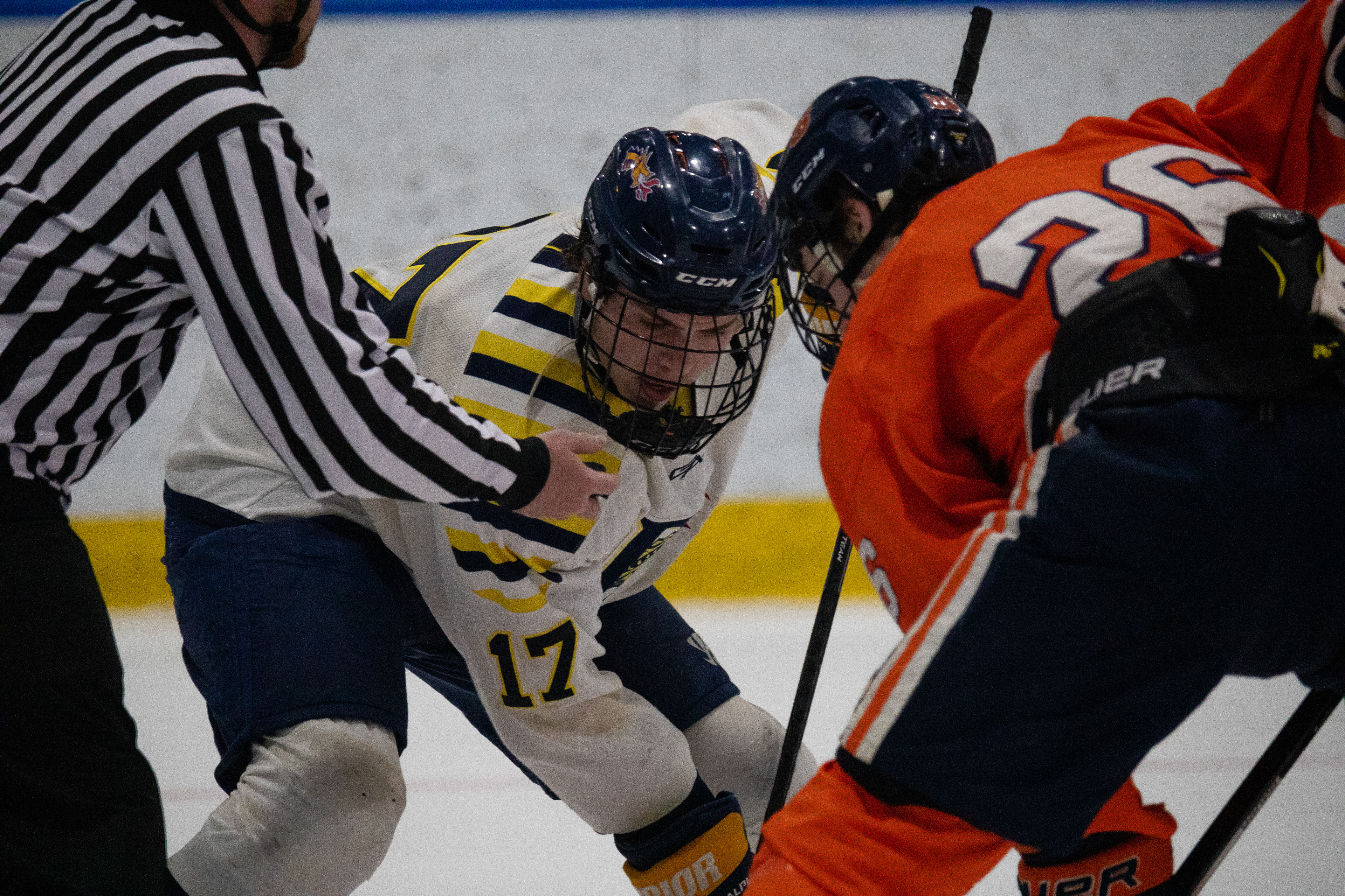 Drexel D1 Forward #17 Emil Lindvall ready for a faceoff against Syracuse University on 01/13/2023.