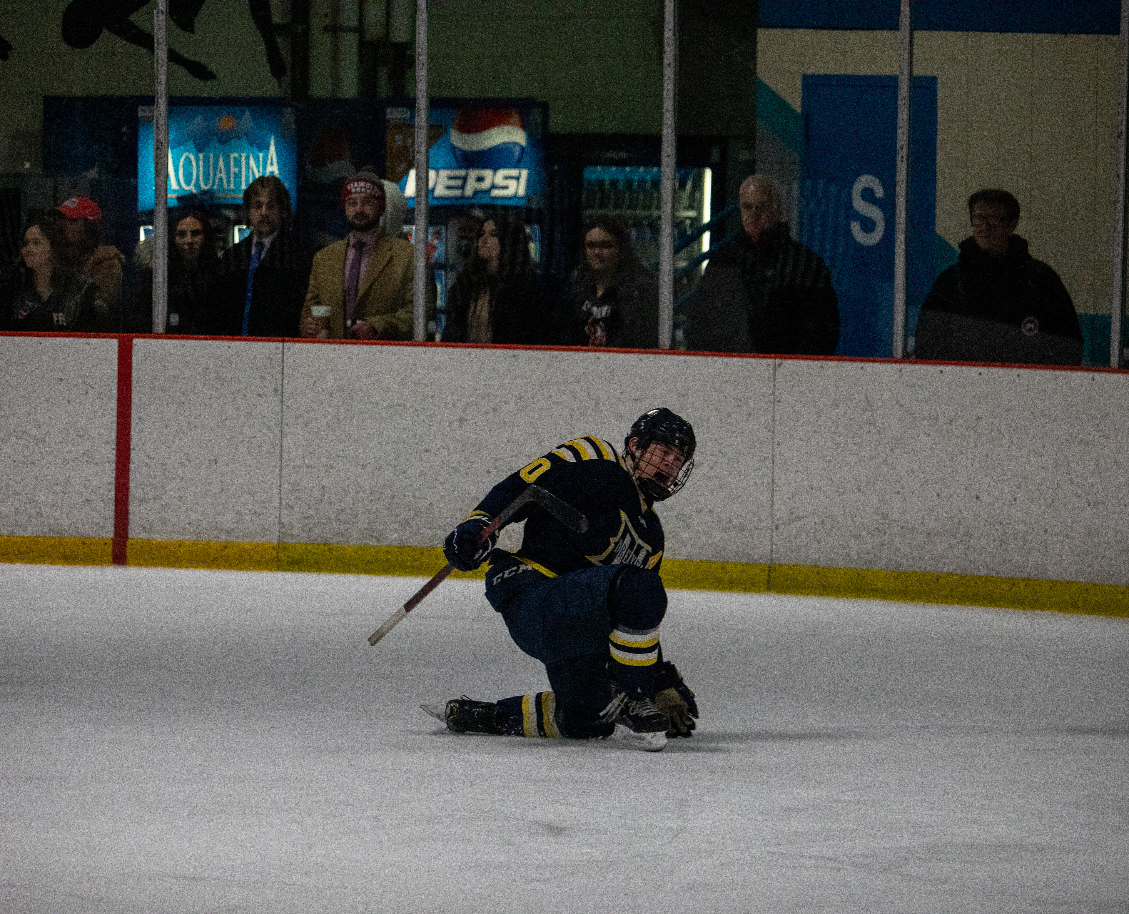Drexel D1 Defenseman #10 Nick Urbani celebrates after scoring his shootout goal against Stony Brook University on 02/04/2023.