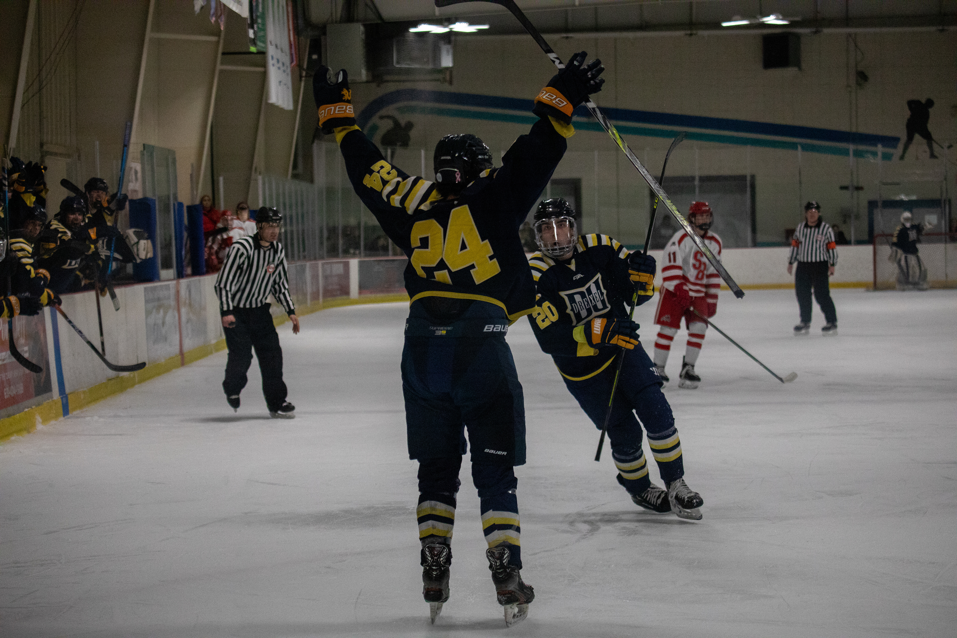 Drexel D1 Forward #24 Adam Lizine celebrating after his goal against Stony Brook University on 02/04/2023.