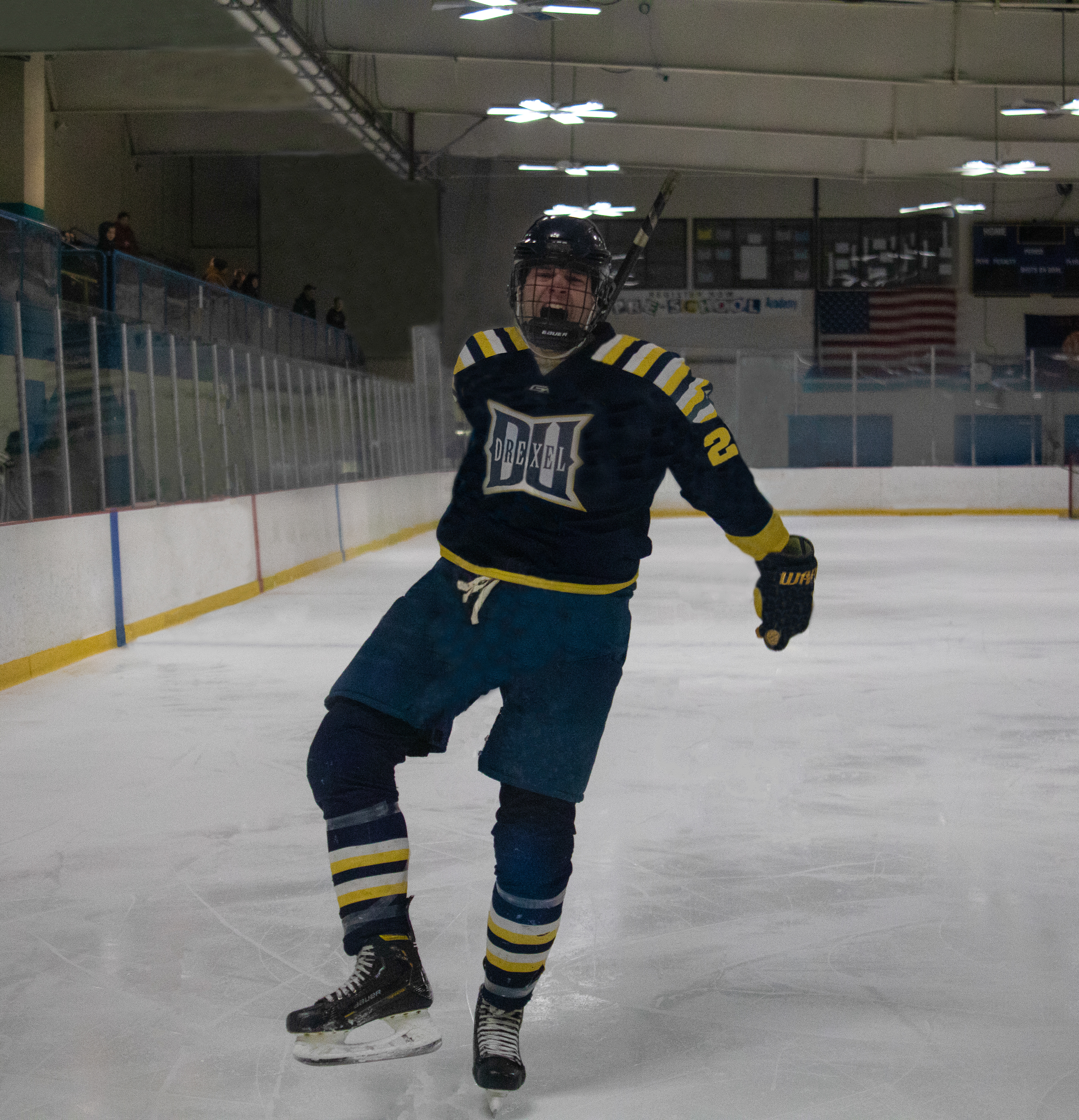 Drexel D1 Defenseman #27 Ian Huver celebrates after scoring his 1st goal as a Dragon against Stony Brook University on 02/04/2023.