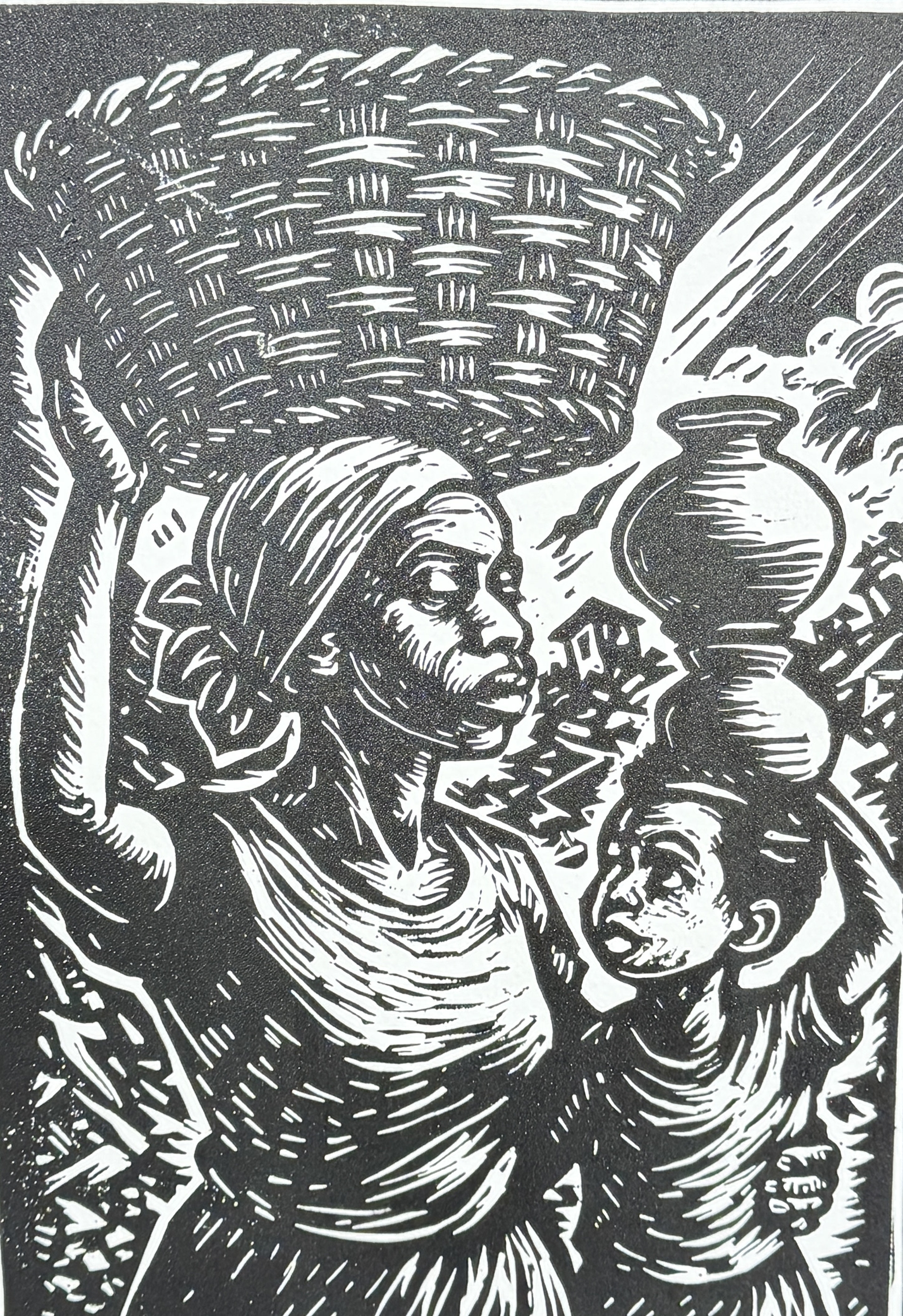 Sharing the Burden | Linoleum relief print, hand pulled | 9 x 12 in | Edition of 15