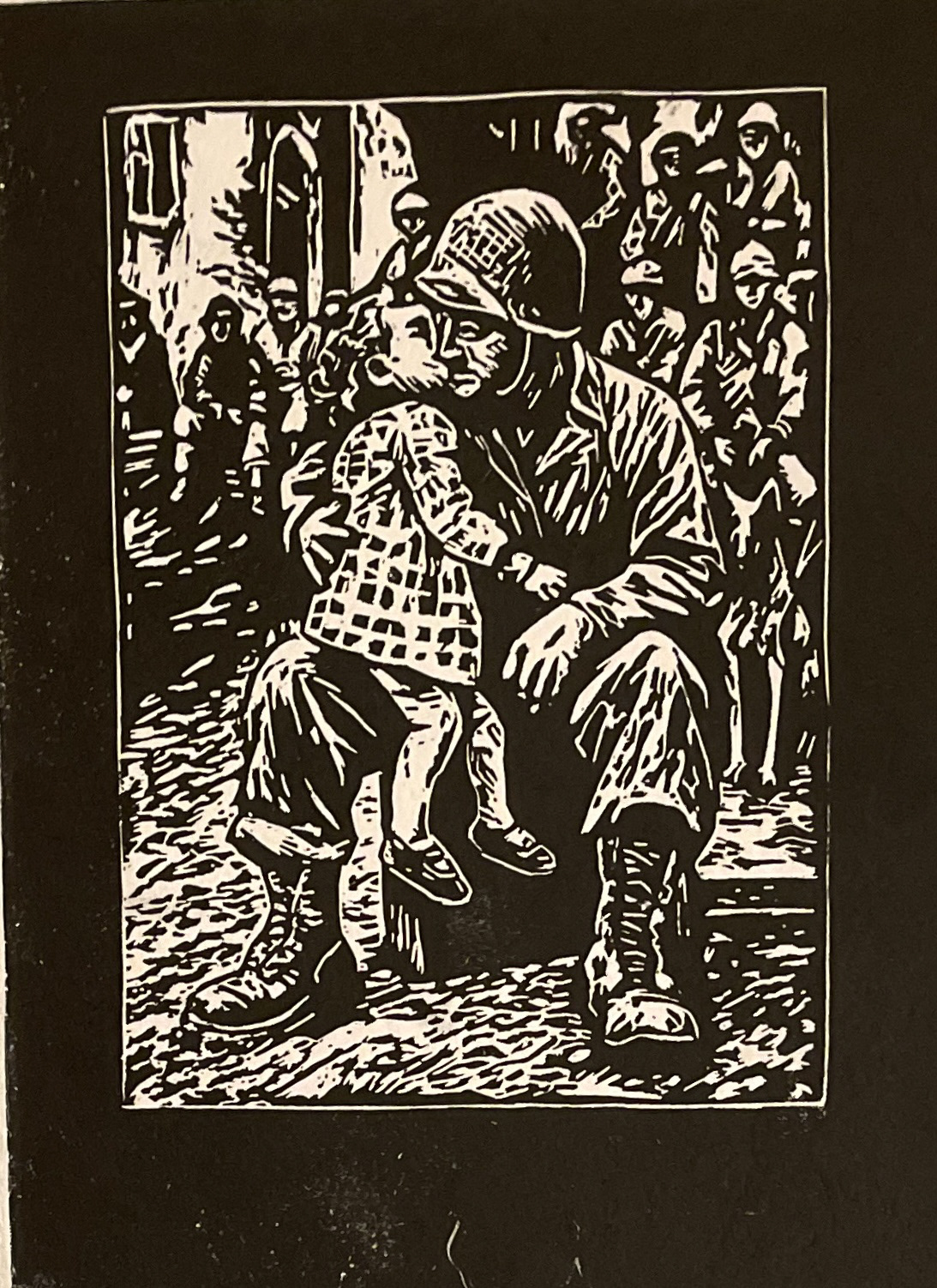 A Moment of Peace in Dark Times | Linoleum Block Print on Handmade Paper from Authentic WW2 Uniforms | 8" x 10"