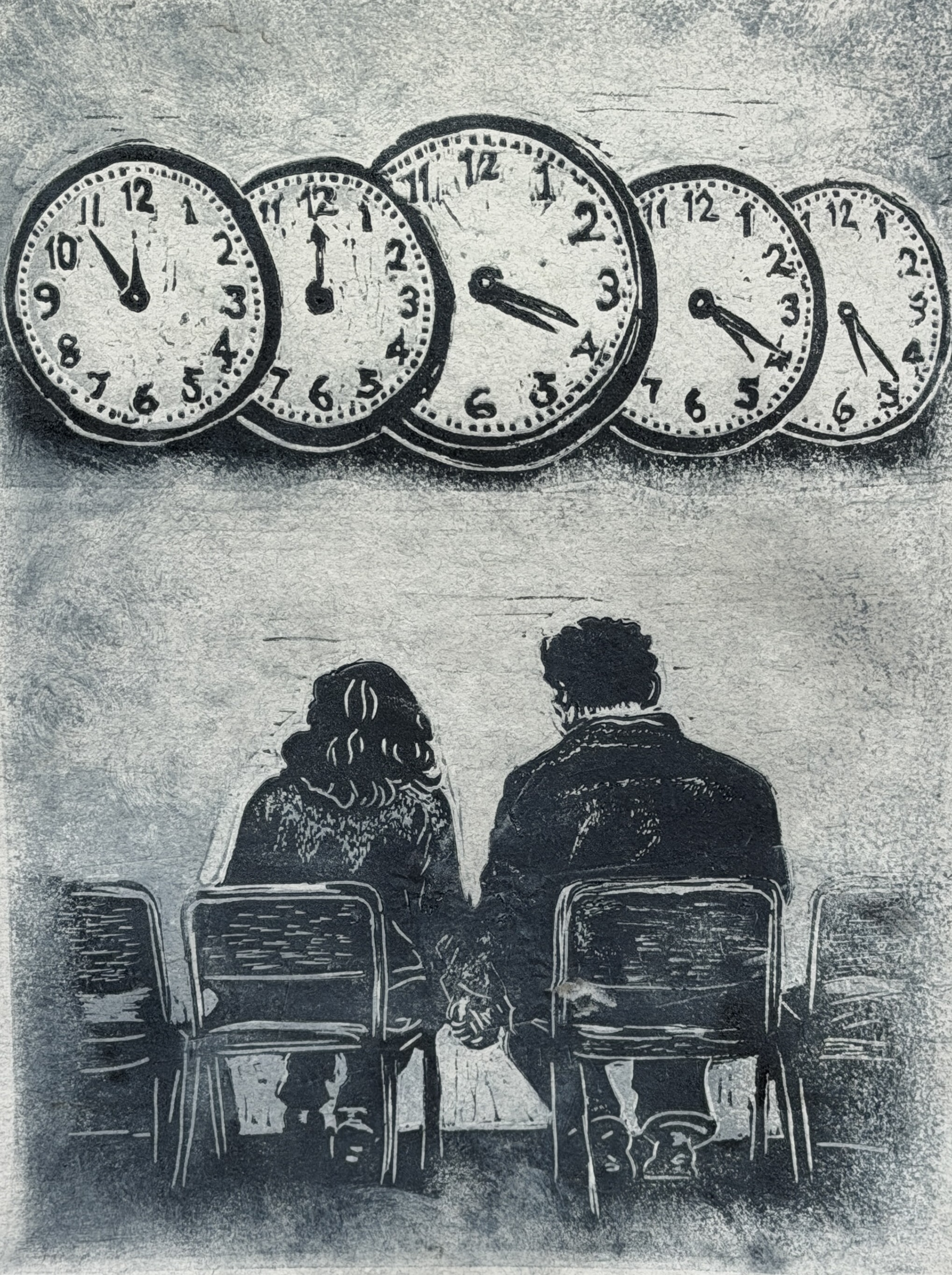 Waiting | Linoleum Block Relief Print, Hand Pulled | 11 x 14 Handmade Paper or Archival | Editon Size 4 with 4 Artist Proofs