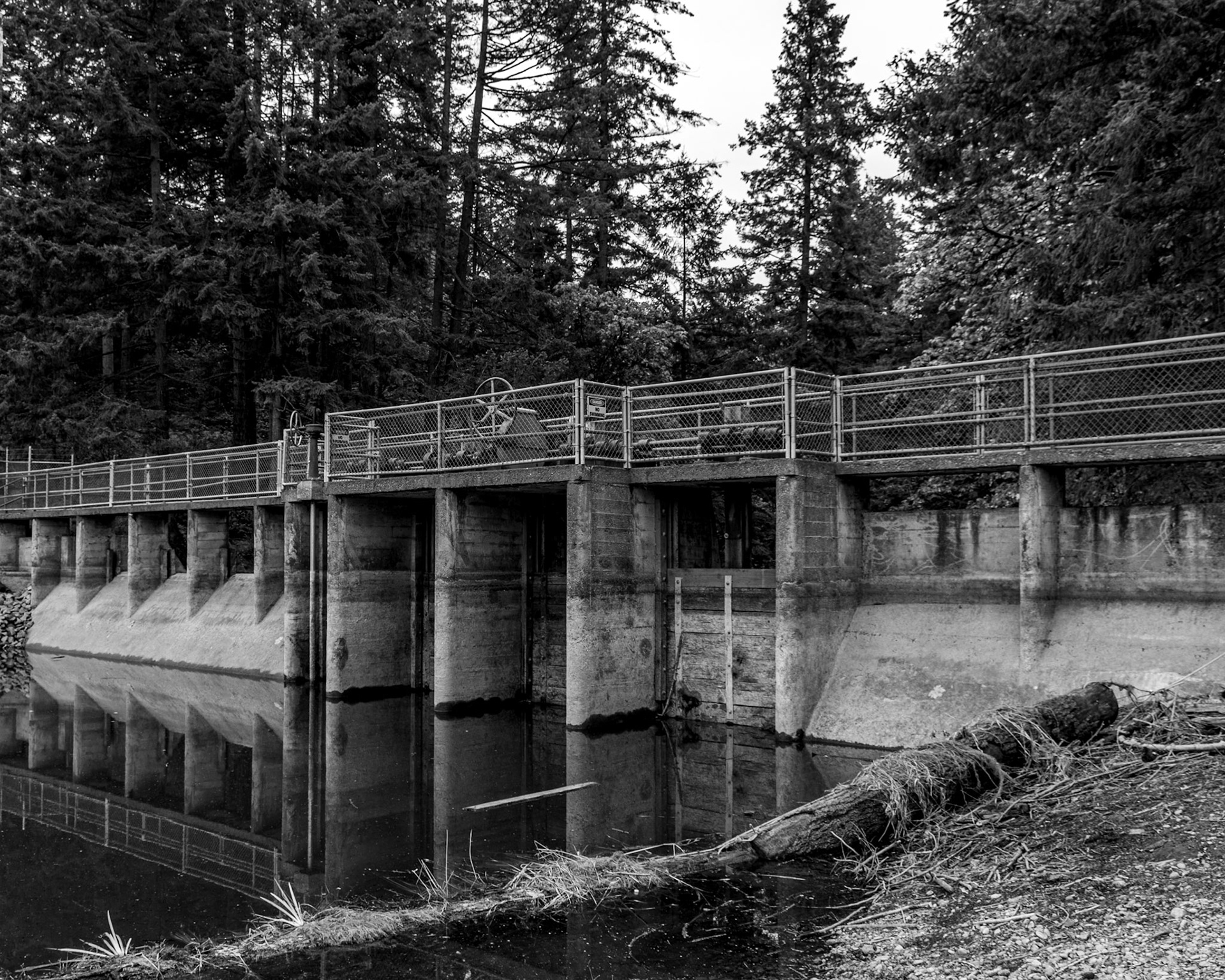 October 4. Dam Reflections.  Round Lake Dam, Lacamas Regional Park, Camas, Washington, United States