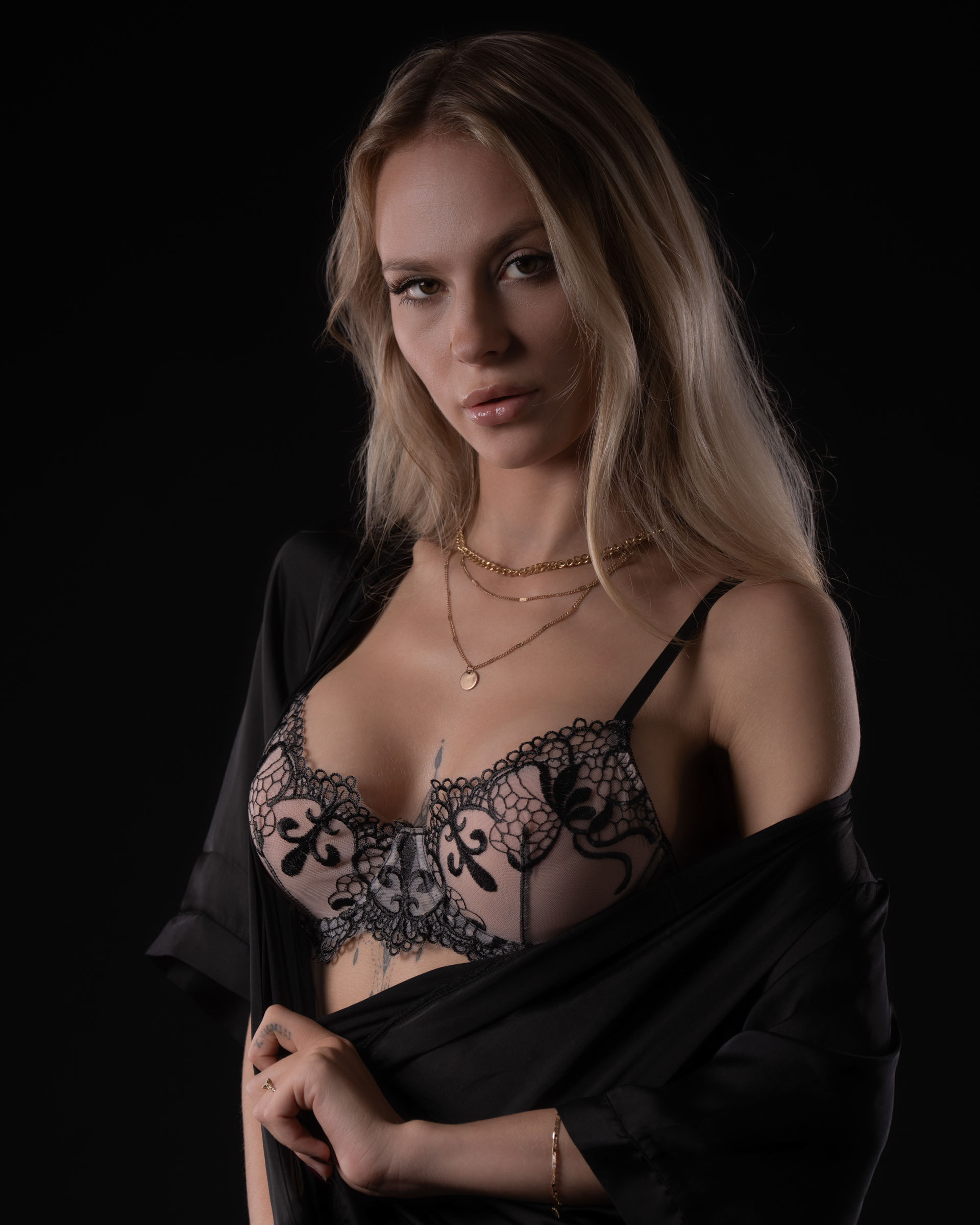 Close-up crop of lingerie fabric and subtle curves.