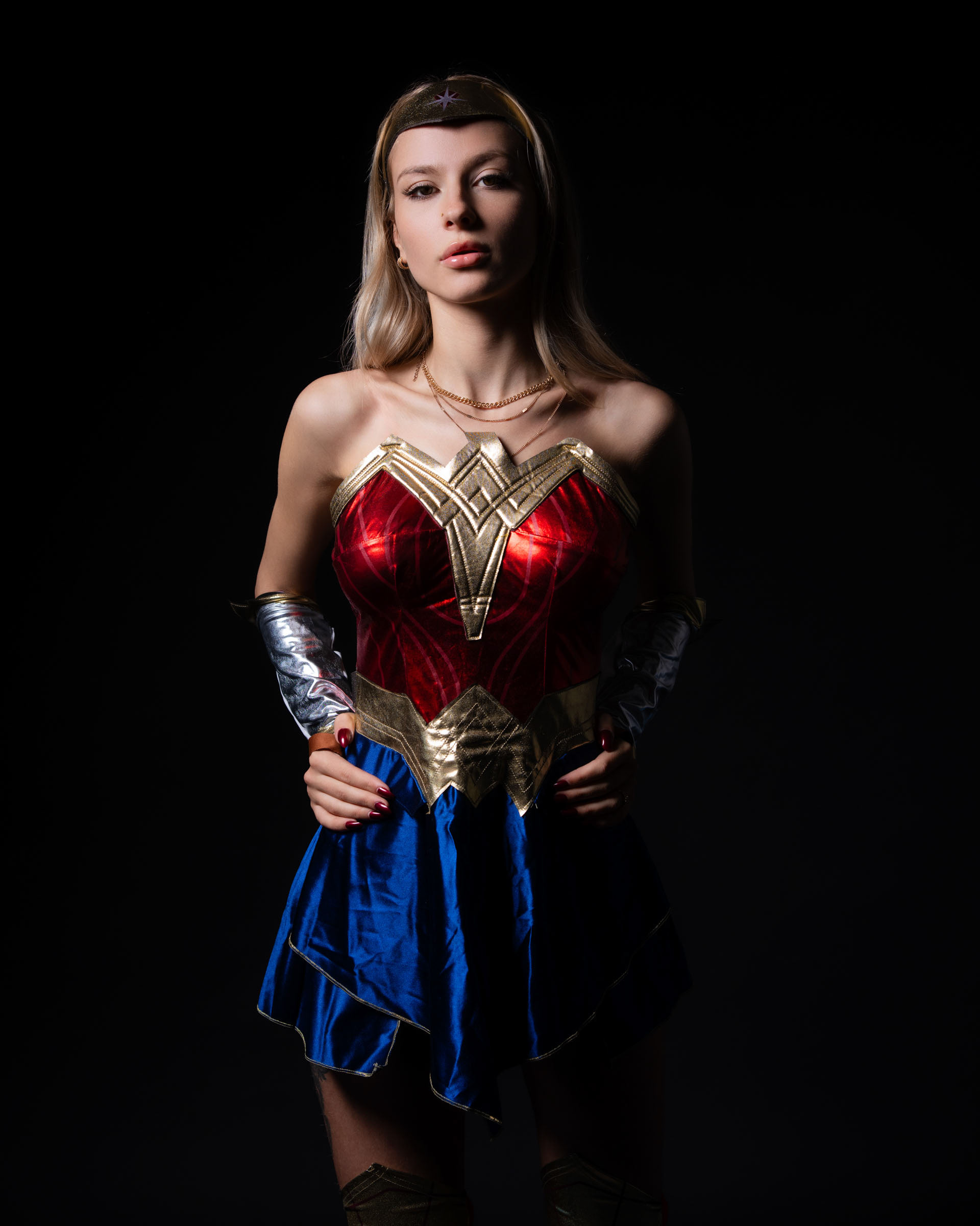 Model slightly, highlighting the pose.