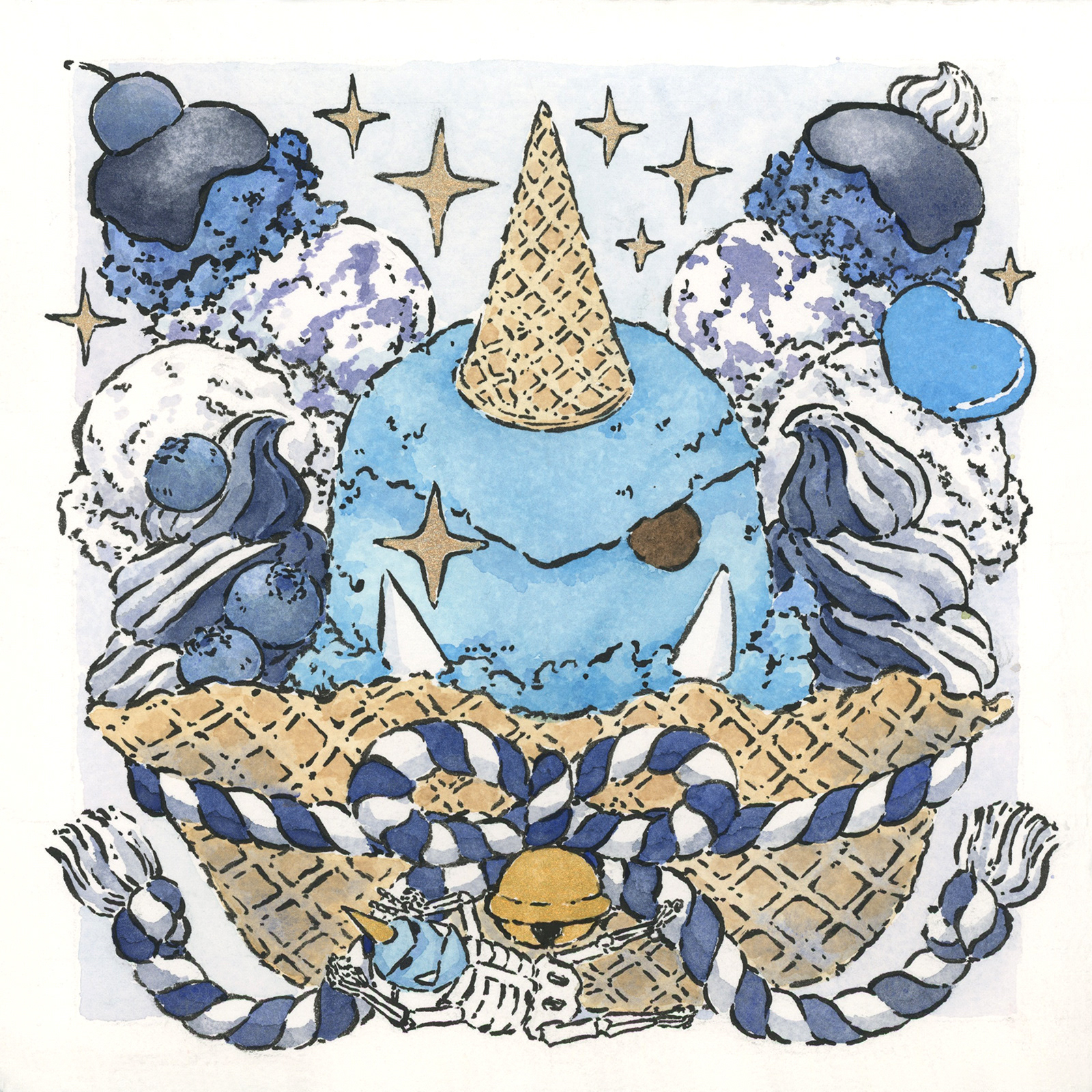 A blue ice cream sundae in a waffle cone shaped like an oni
