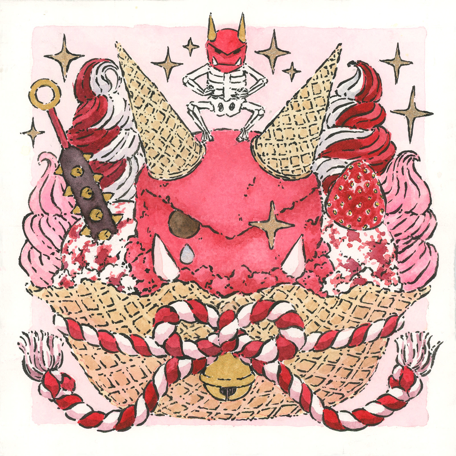 A red ice cream sundae in a waffle cone shaped like an oni