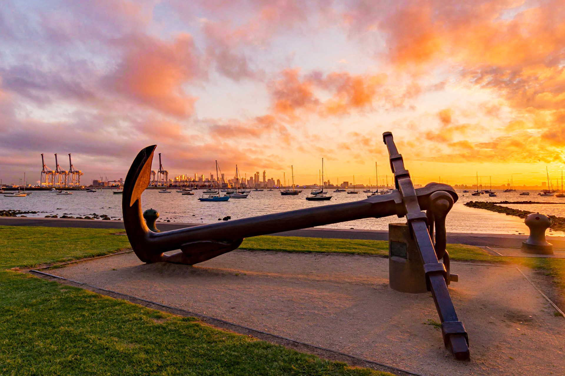 HMVS Nelson Anchor during a firery sunrise - Williamstown, Melbourne, Victoria