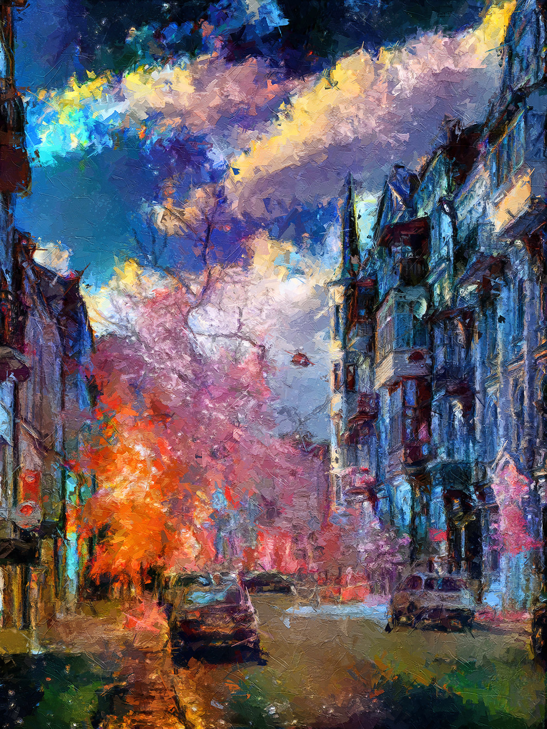 Reitarska Street, Kyiv, Ukraine. From the "Infrared World" series. The author's infrared photograph was transformed with the help of a neural network, then significantly improved in a graphics editor.