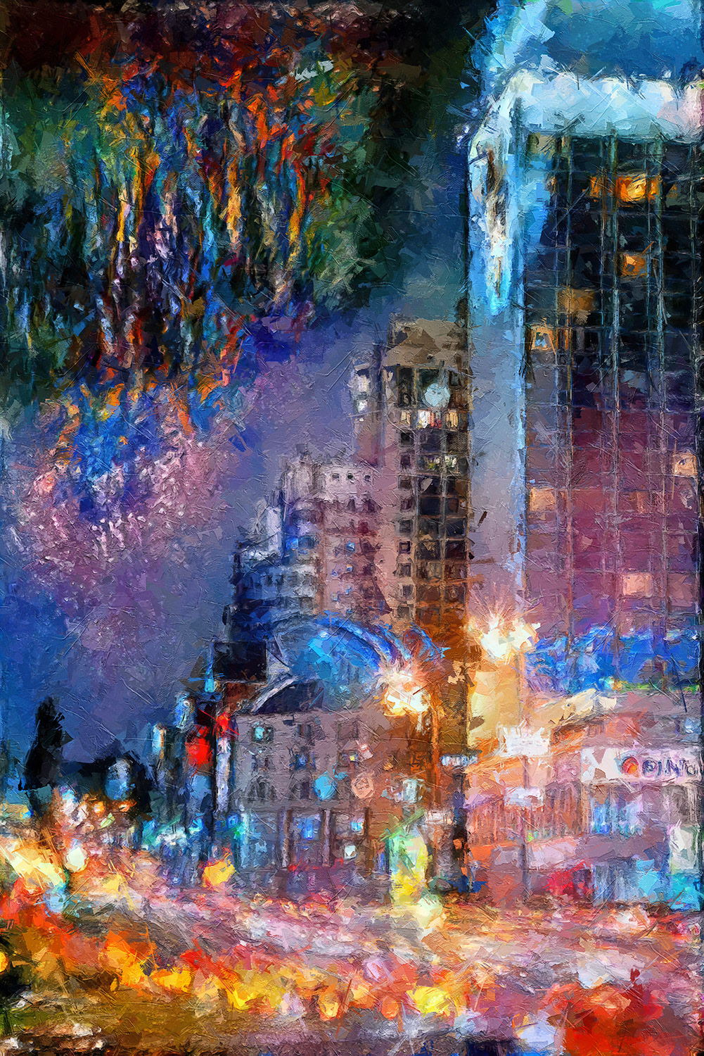 Victory Square, Kyiv, Ukraine. Several creative techniques were used to create this painting. When shooting, a slow shutter speed and multiple exposures were used. AI then transformed the image. After that, a significant revision was made in the graphic editor in order to give the picture a dramatic finished look.