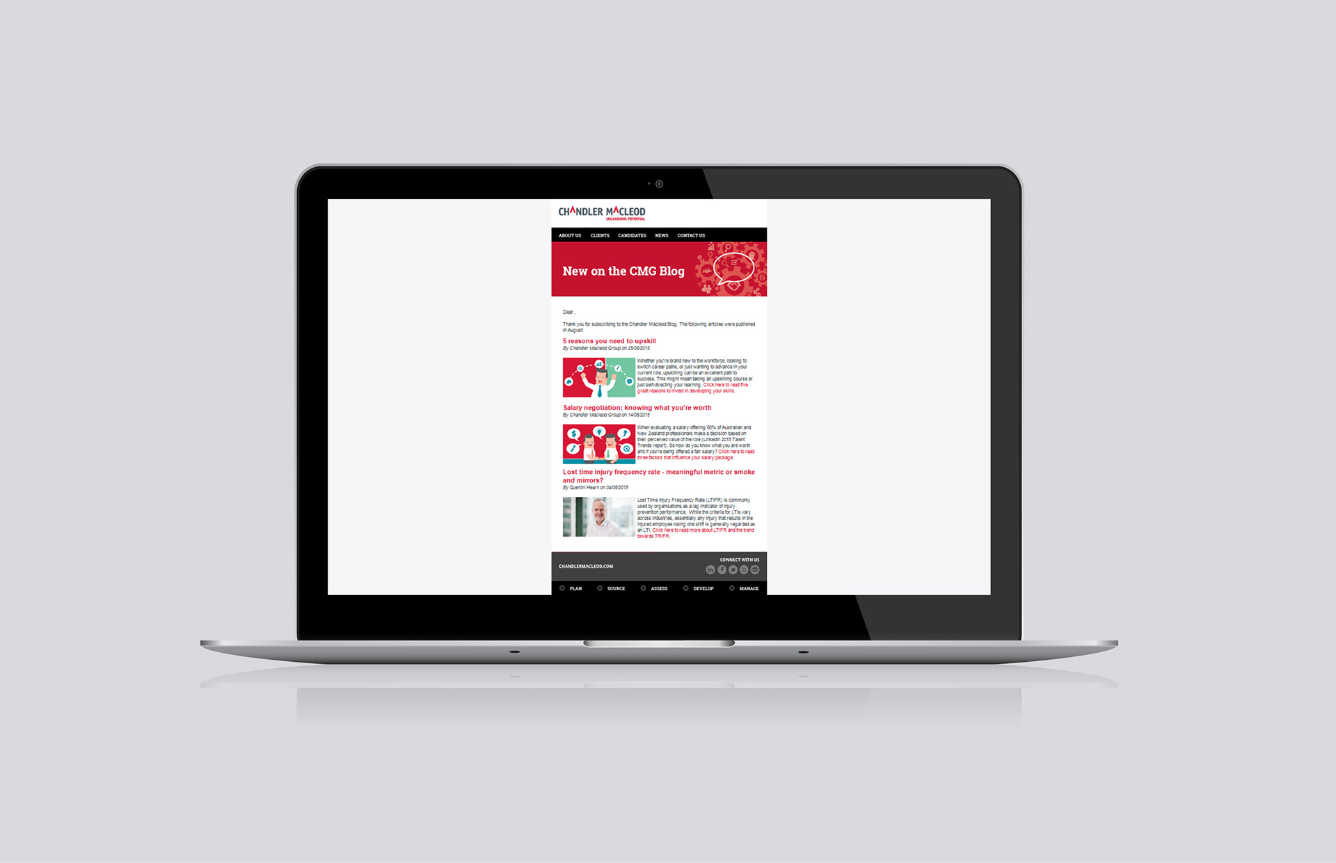 Image of Chandler Macleod email newsletter on laptop