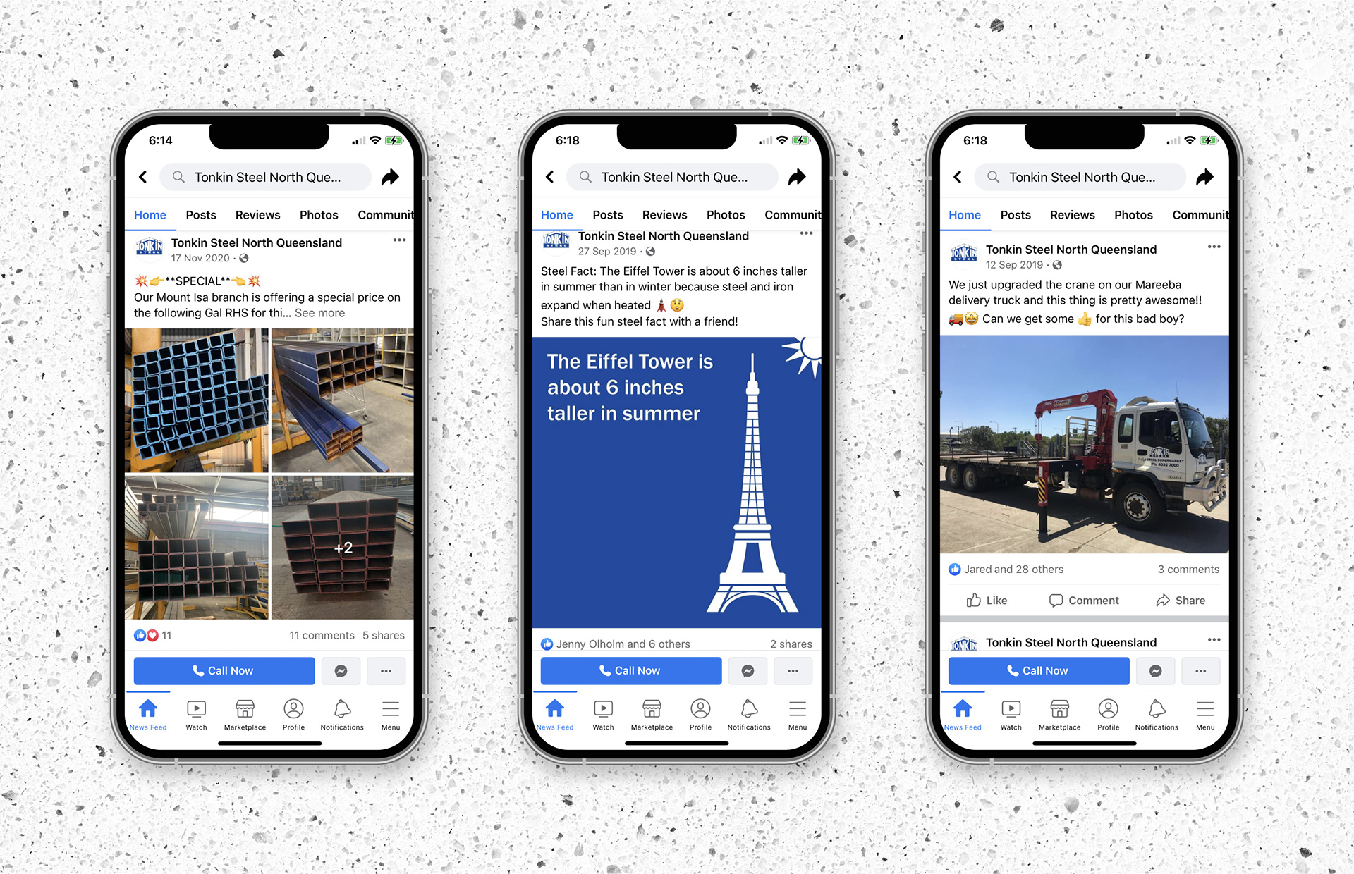 Image of Tonkin Steel Facebook posts on phones