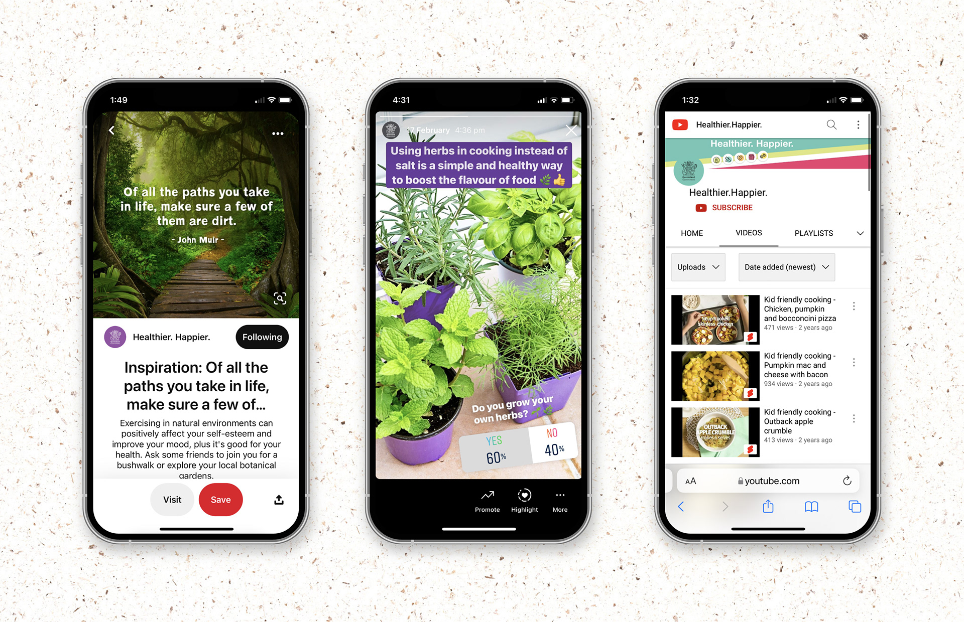 Image showing Pinterest, Instagram and YouTube content on phones