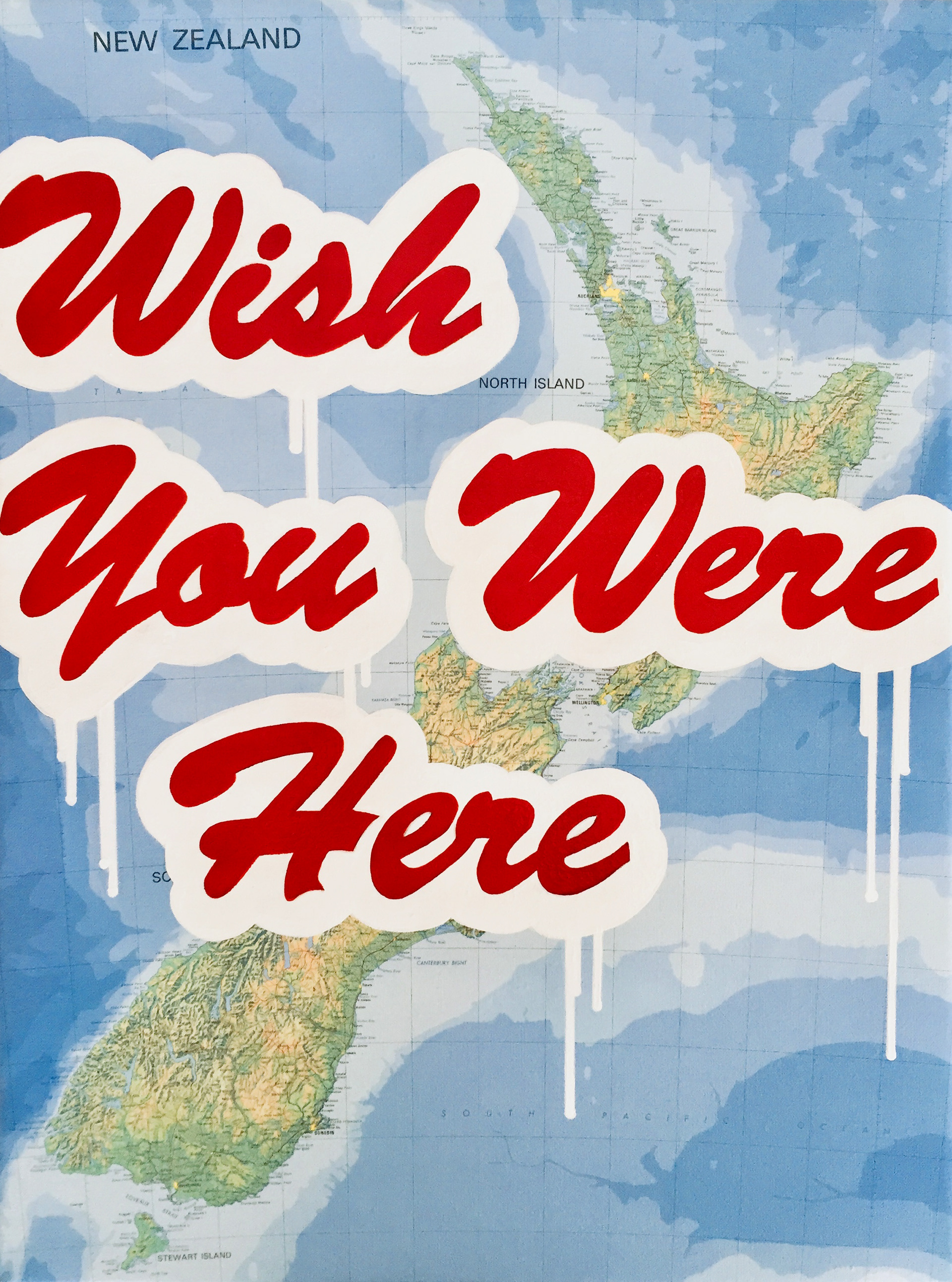 Wish you were here painted text on pigment print of map of New Zealand.