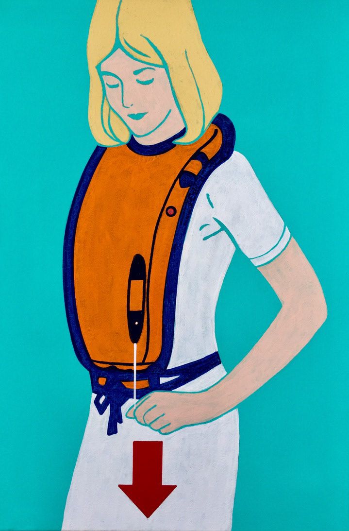Retro flight attendant demonstrating how to inflate lifejacket.