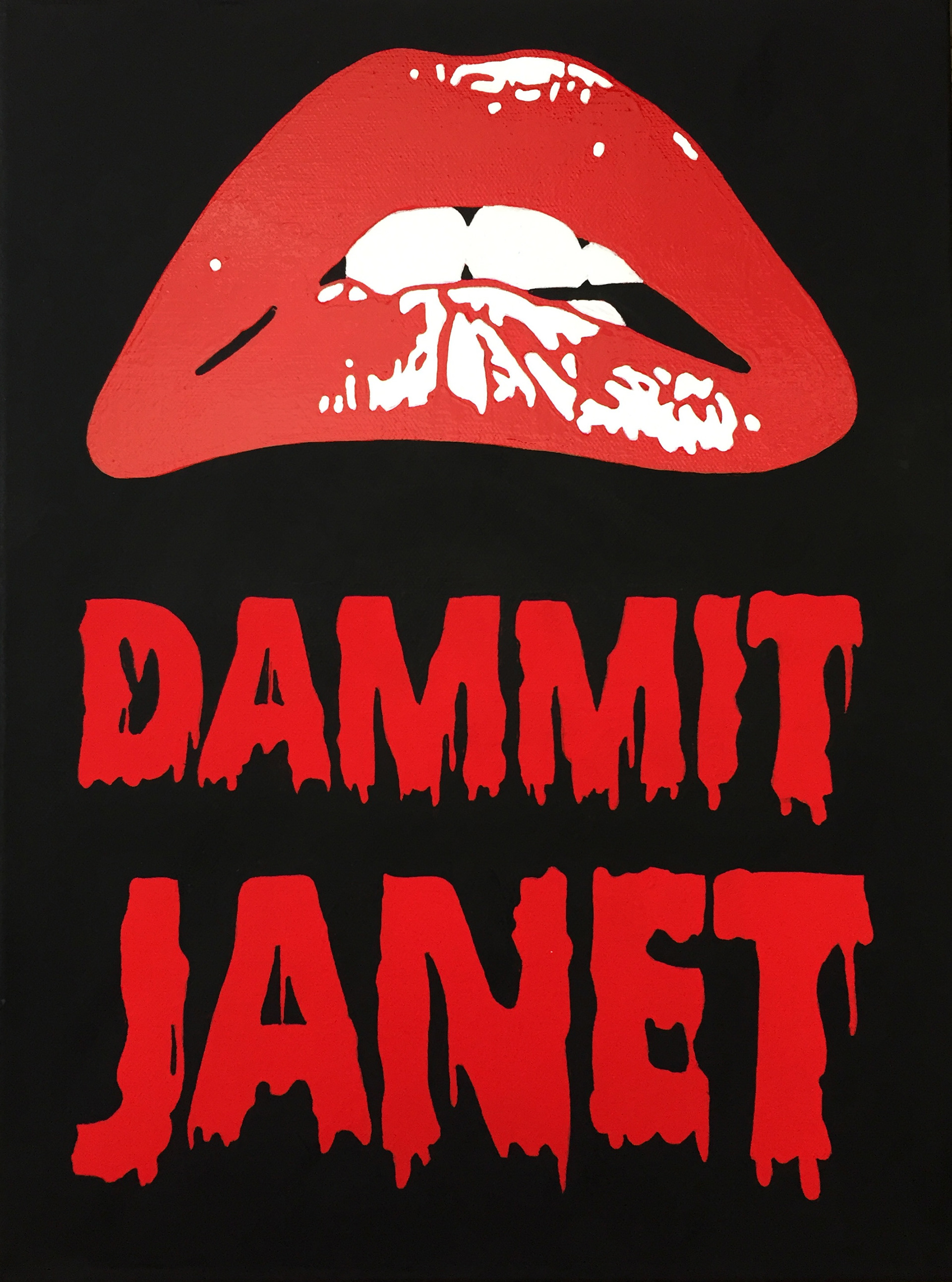 painting Red Rocky Horror lips with red text on black background
