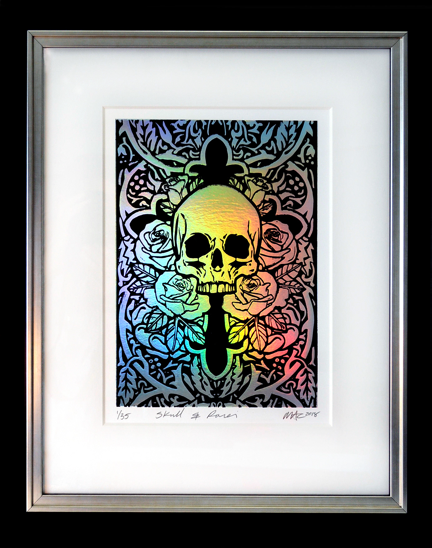 'Skull & Roses' limited edition lino print available in shop