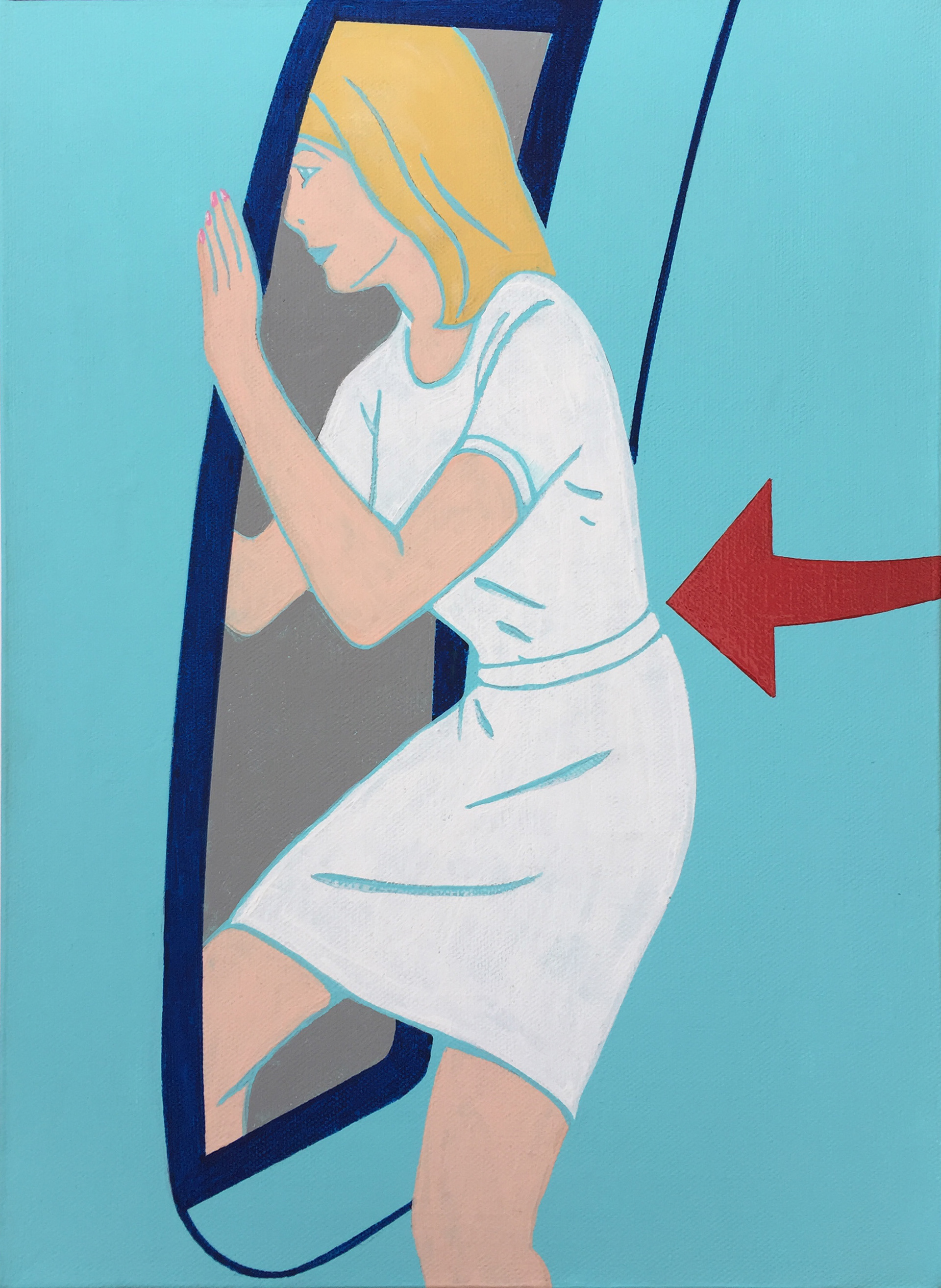Flight attendant using the emergency exit.
