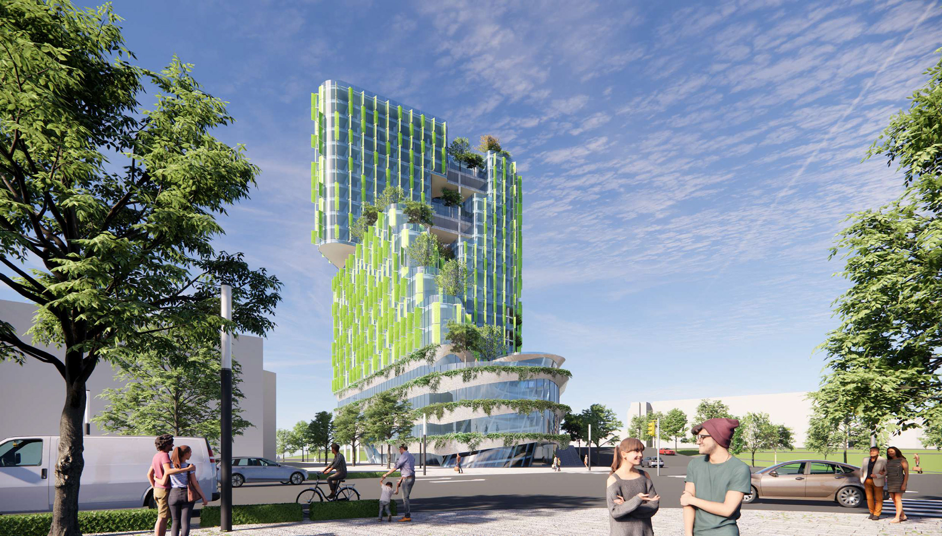A series of roof gardenx extend the green space both conceptually and visually from Victoria Park and to the top of the proposed International House.