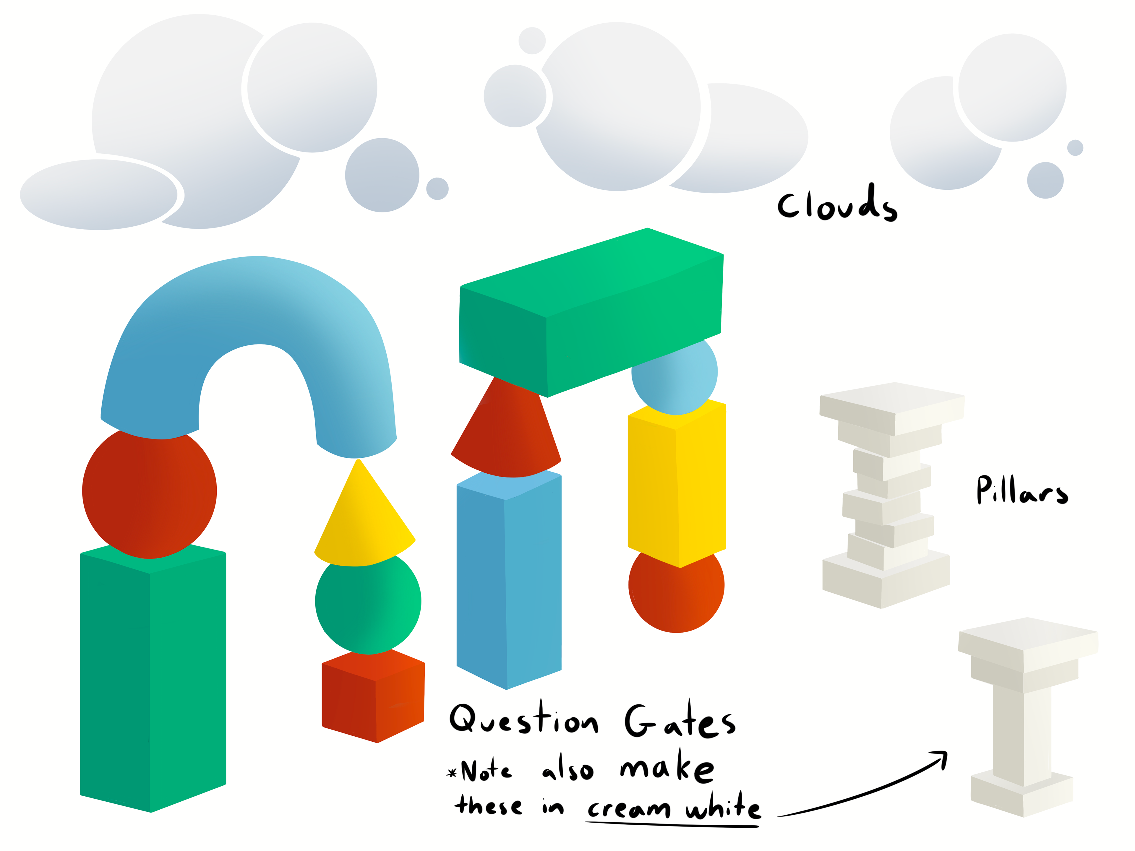 Early art of the question arches and pillars. Created by Alex Di Nobile