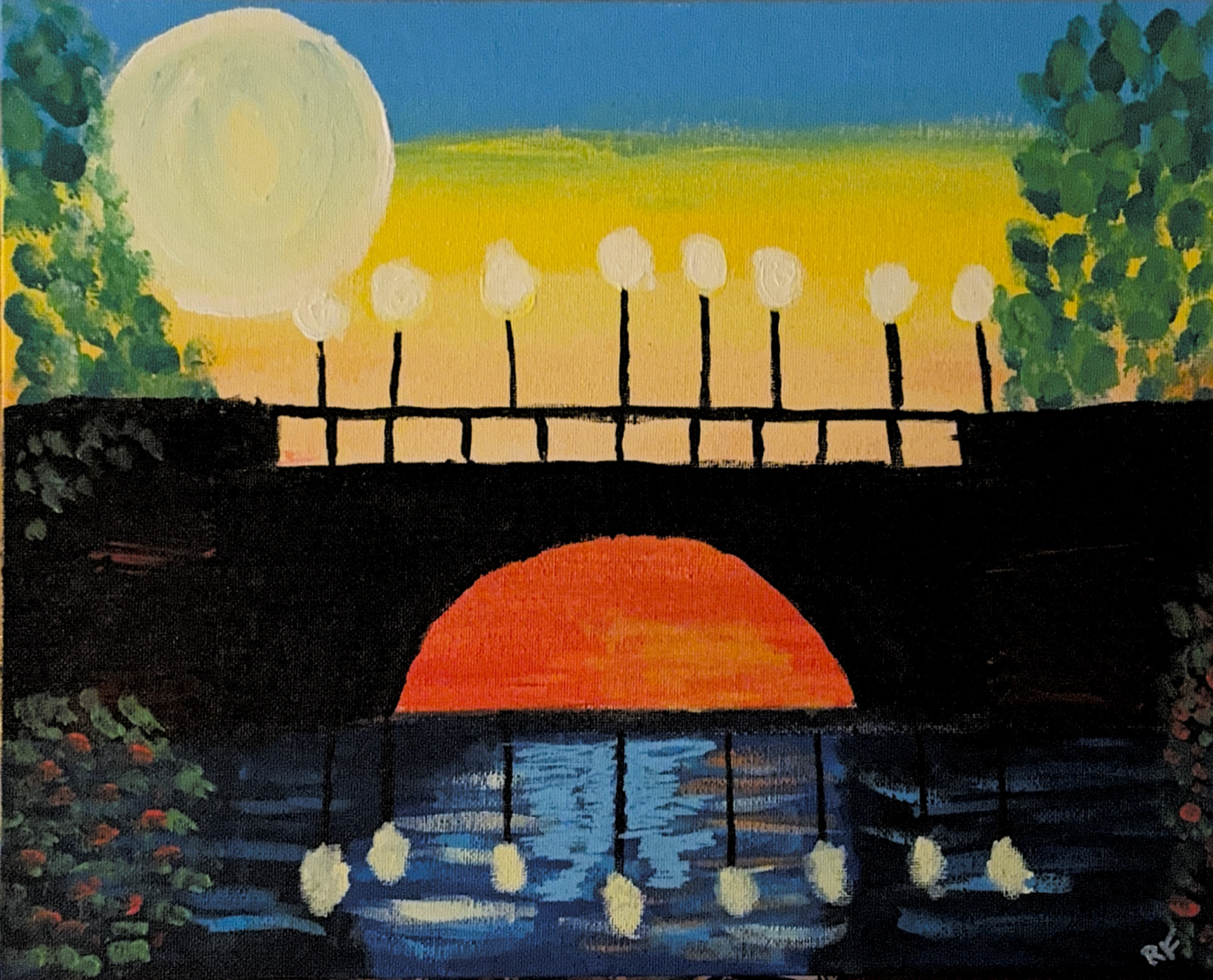 "The Bridge At Night" 11" x 14, acrylic paints on Canvas, 2025